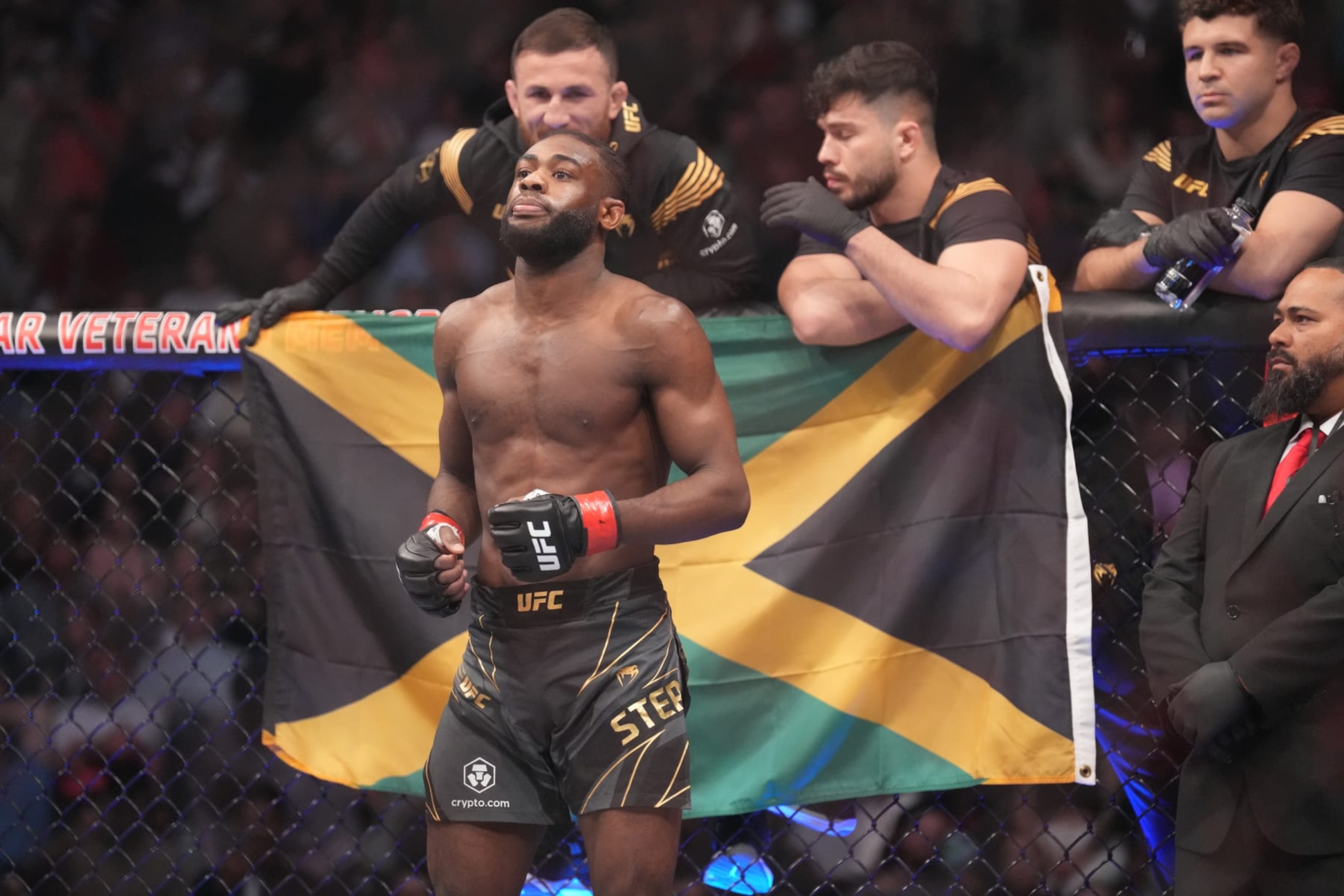 JACKSONVILLE, FL - APRIL 9: Aljamain Sterling stands in his corner between rounds of his bout against Petr Yan in their Bantamweight fight during the UFC 273 event on April 9, 2022, at Vystar Memorial Arena in Jacksonville, Florida. (Photo by Louis Grasse/PxImages/Icon Sportswire via Getty Images)