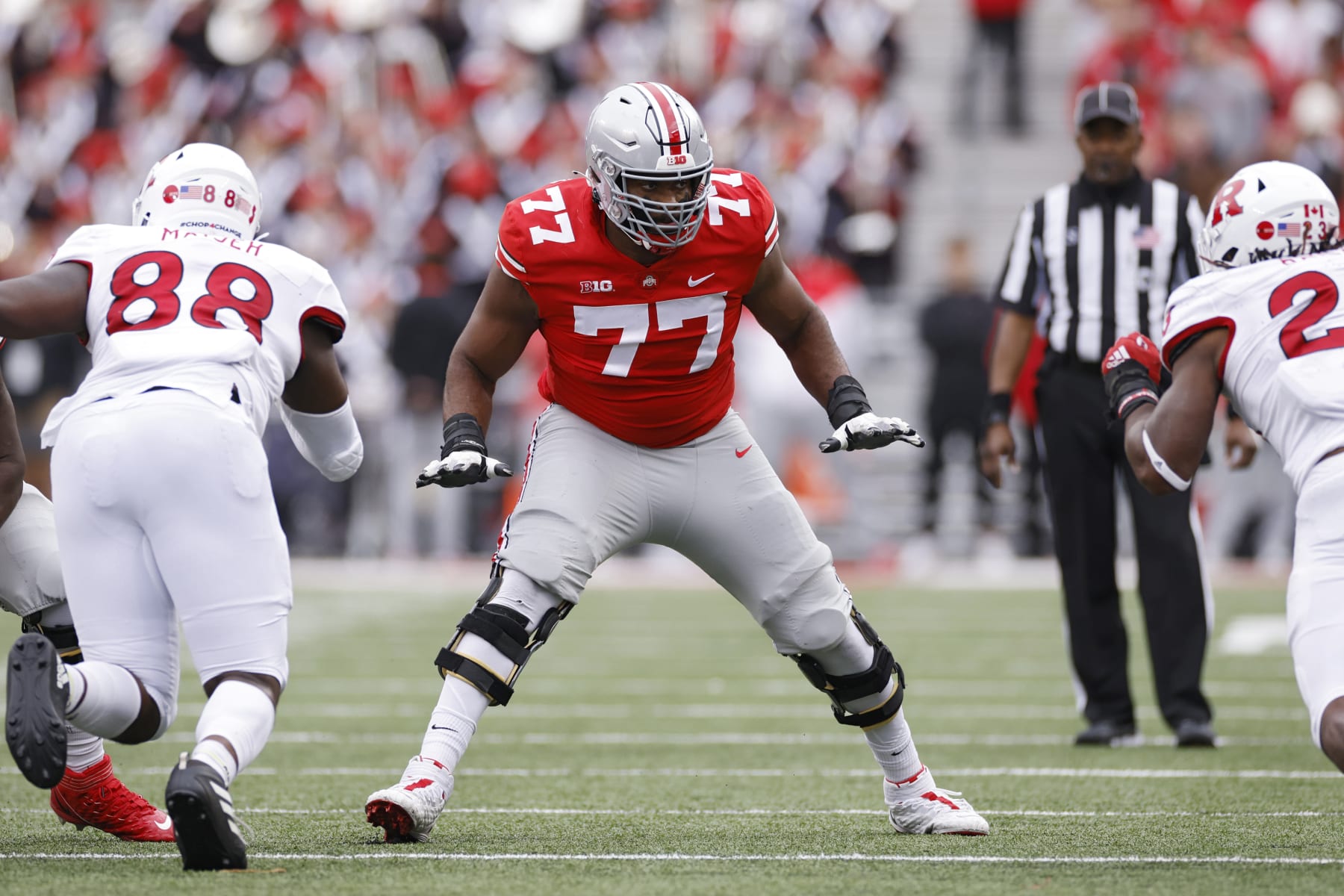 COLUMBUS, OH - OCTOBER 01: Ohio State Buckeyes offensive lineman Paris Johnson Jr. (77) blocks during a college football game against the Rutgers Scarlet Knights on October 1, 2022 at Ohio Stadium in Columbus, Ohio. (Photo by Joe Robbins/Icon Sportswire via Getty Images)
