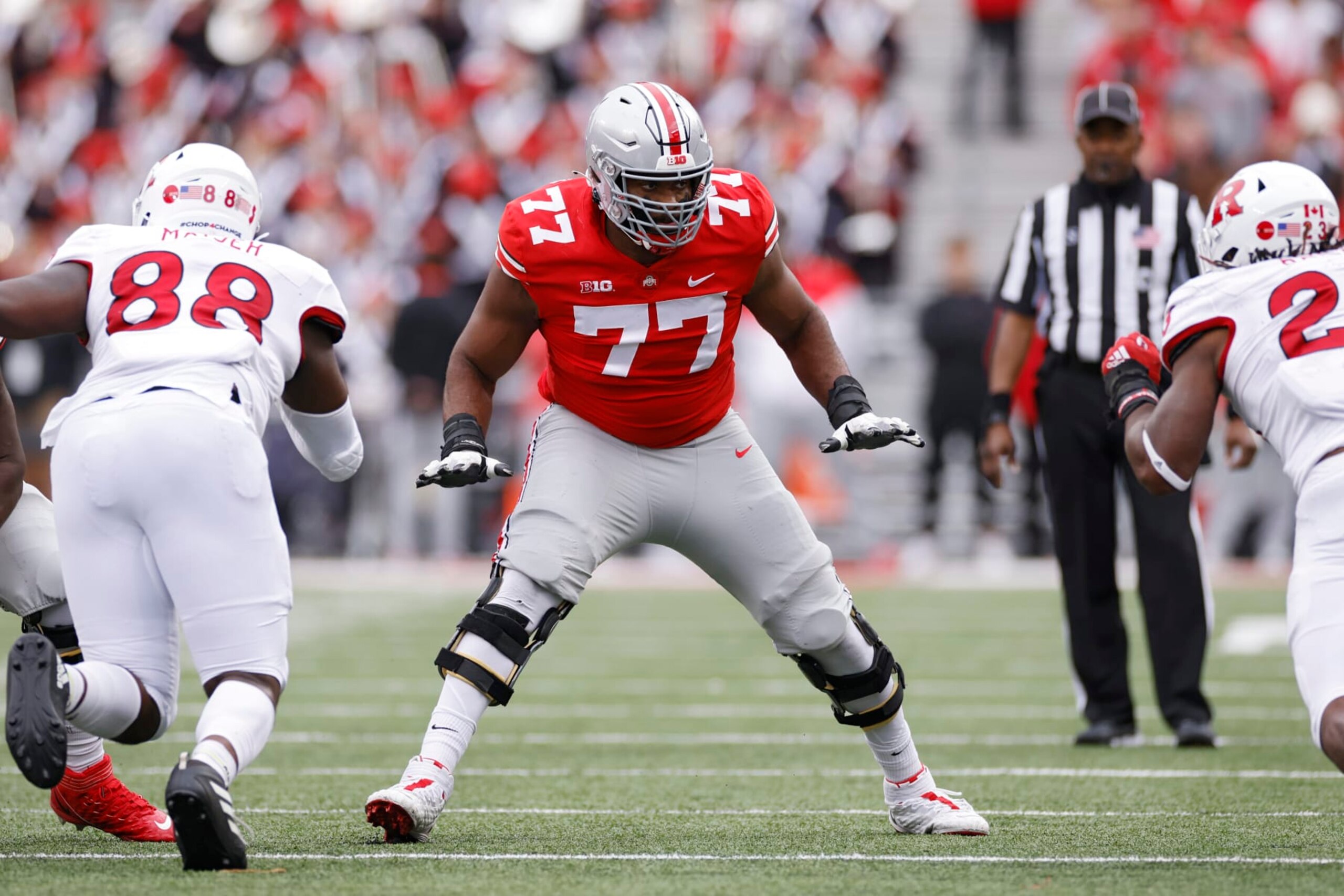 COLUMBUS, OH - OCTOBER 01: Ohio State Buckeyes offensive lineman Paris Johnson Jr. (77) blocks during a college football game against the Rutgers Scarlet Knights on October 1, 2022 at Ohio Stadium in Columbus, Ohio. (Photo by Joe Robbins/Icon Sportswire via Getty Images)