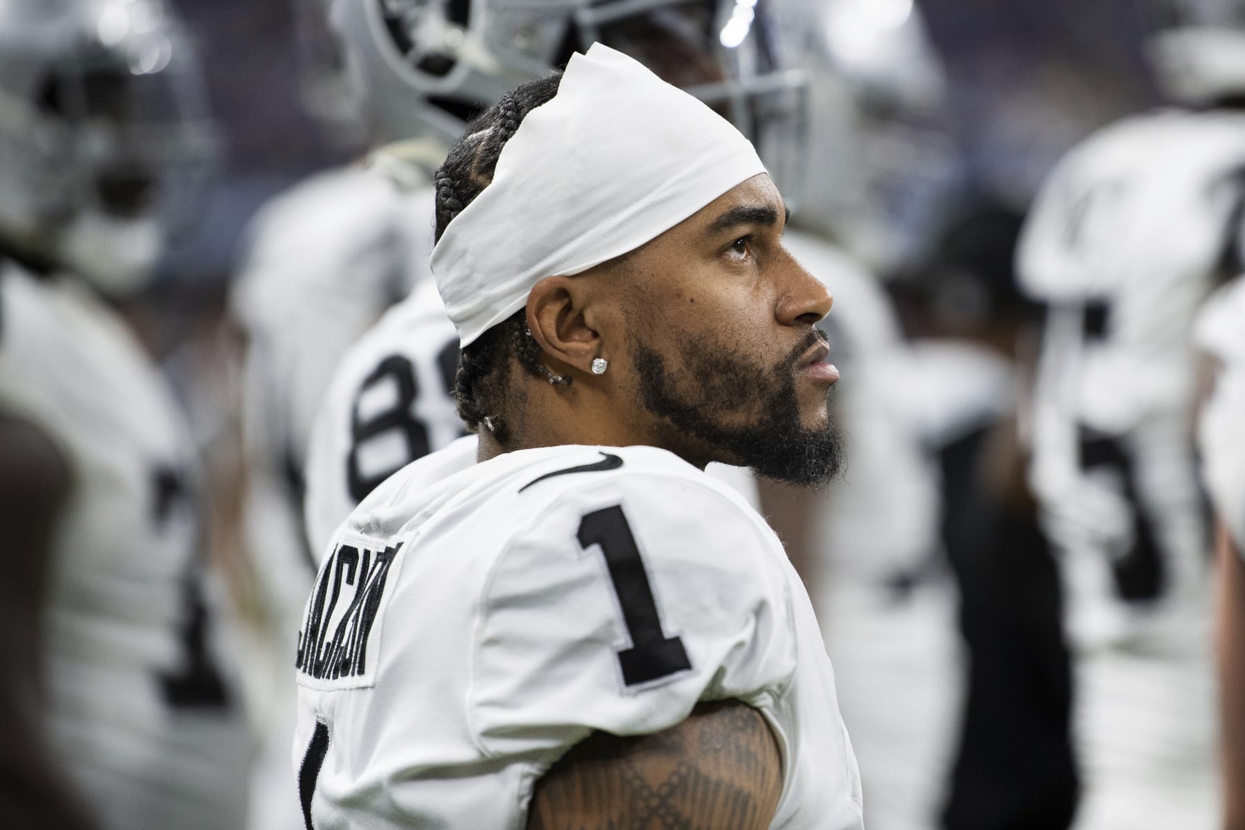 Las Vegas Raiders wide receiver DeSean Jackson (1) stands on the sidelines during an NFL football game against the Indianapolis Colts, Sunday, Jan. 2, 2022, in Indianapolis. (AP Photo/Zach Bolinger)
