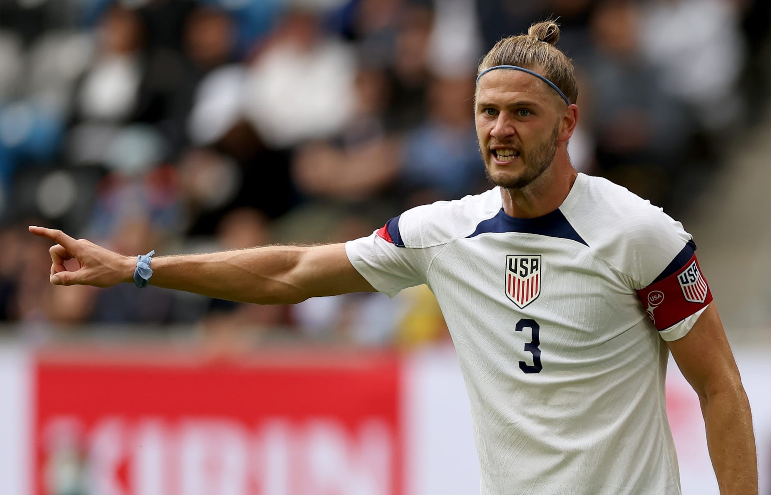 DUESSELDORF, GERMANY - SEPTEMBER 23: Walker Zimmerman of Team USA gesture during the international friendly match between Japan and United States at Merkur Spiel-Arena on September 23, 2022 in Duesseldorf, Germany. (Photo by Lars Baron/Getty Images)