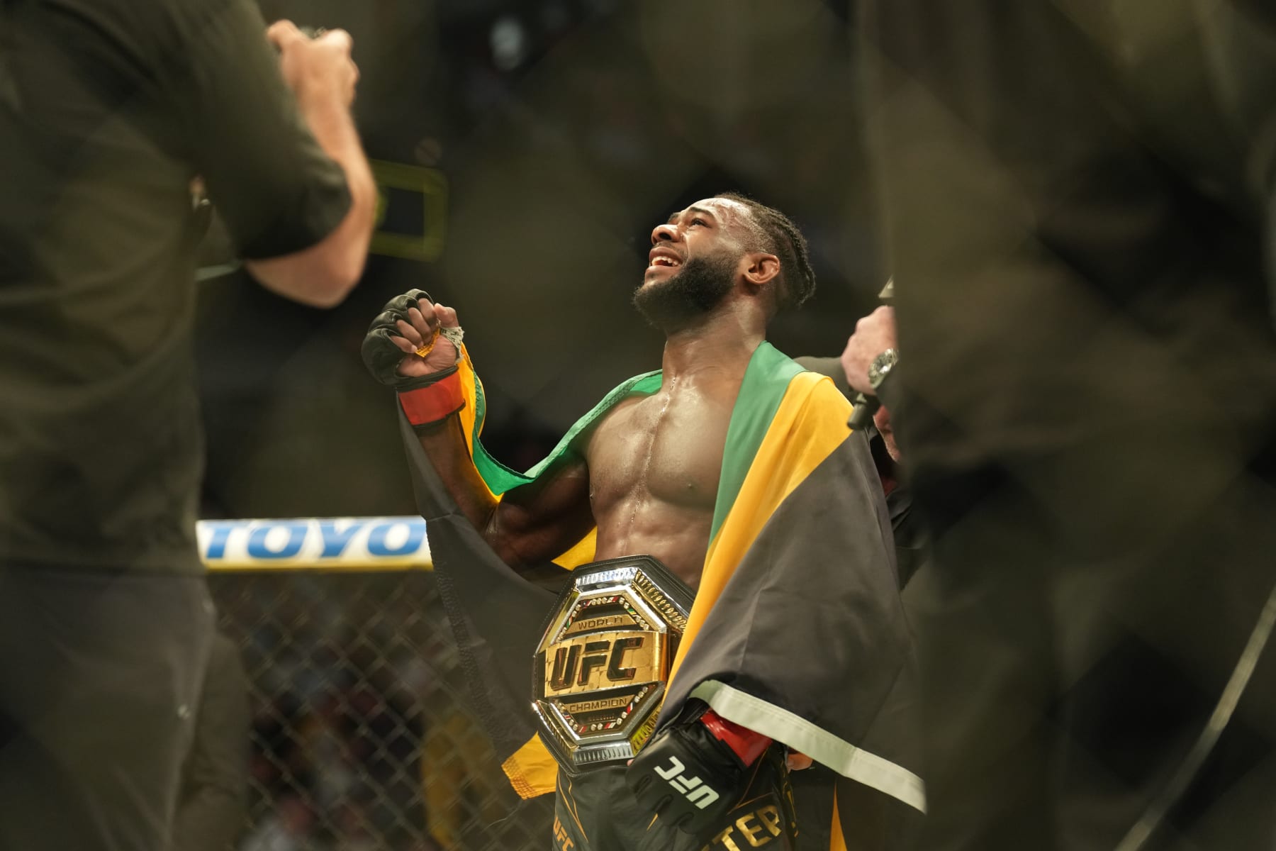 JACKSONVILLE, FL - APRIL 9: Aljamain Sterling celebrates his victory over Petr Yan in their Bantamweight fight during the UFC 273 event on April 9, 2022, at Vystar Memorial Arena in Jacksonville, Florida. (Photo by Louis Grasse/PxImages/Icon Sportswire via Getty Images)