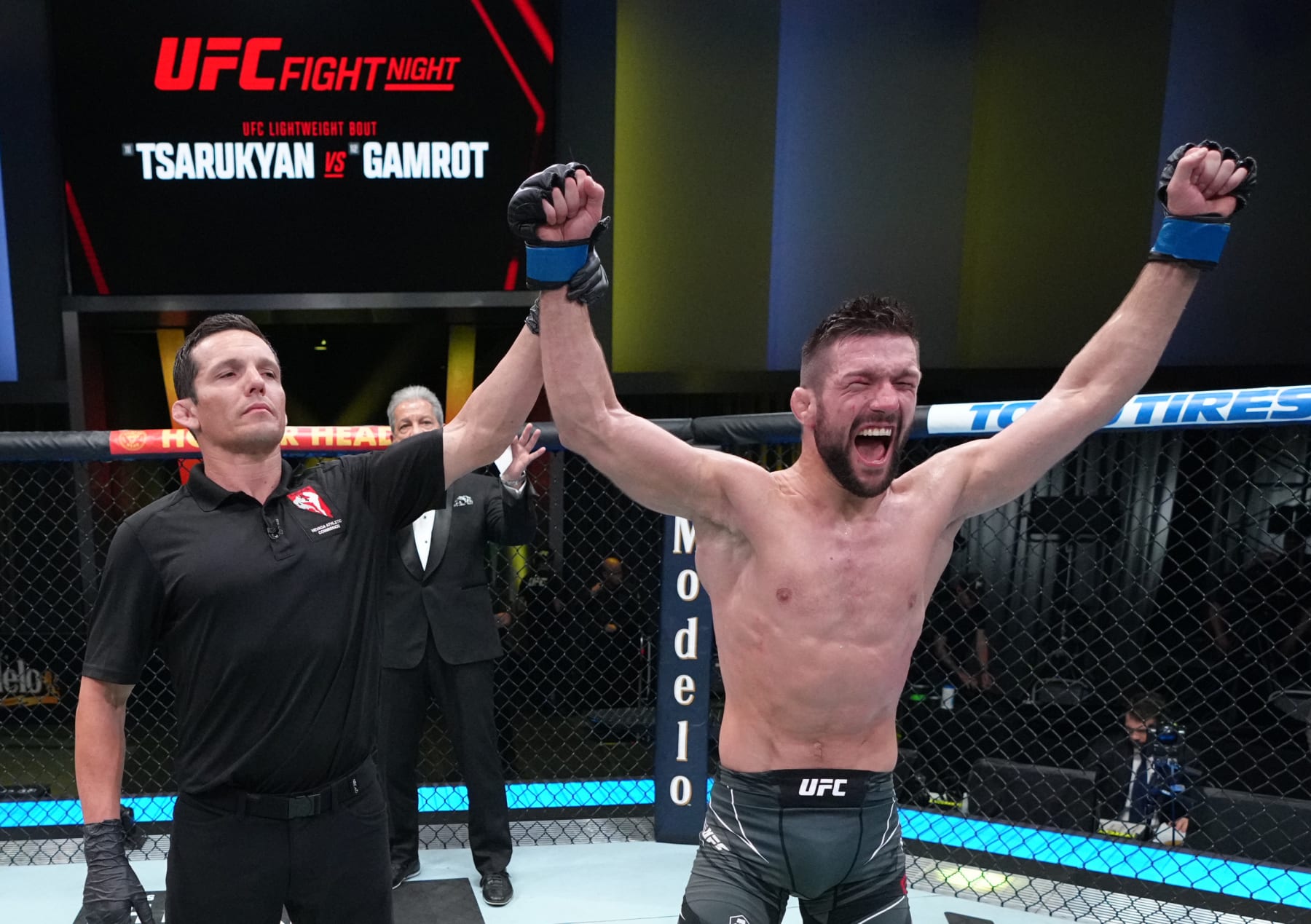 LAS VEGAS, NEVADA - JUNE 25: Mateusz Gamrot of Poland reacts after his victory over Arman Tsarukyan of Georgia in a lightweight fight during the UFC Fight Night event at UFC APEX on June 25, 2022 in Las Vegas, Nevada. (Photo by Jeff Bottari/Zuffa LLC)