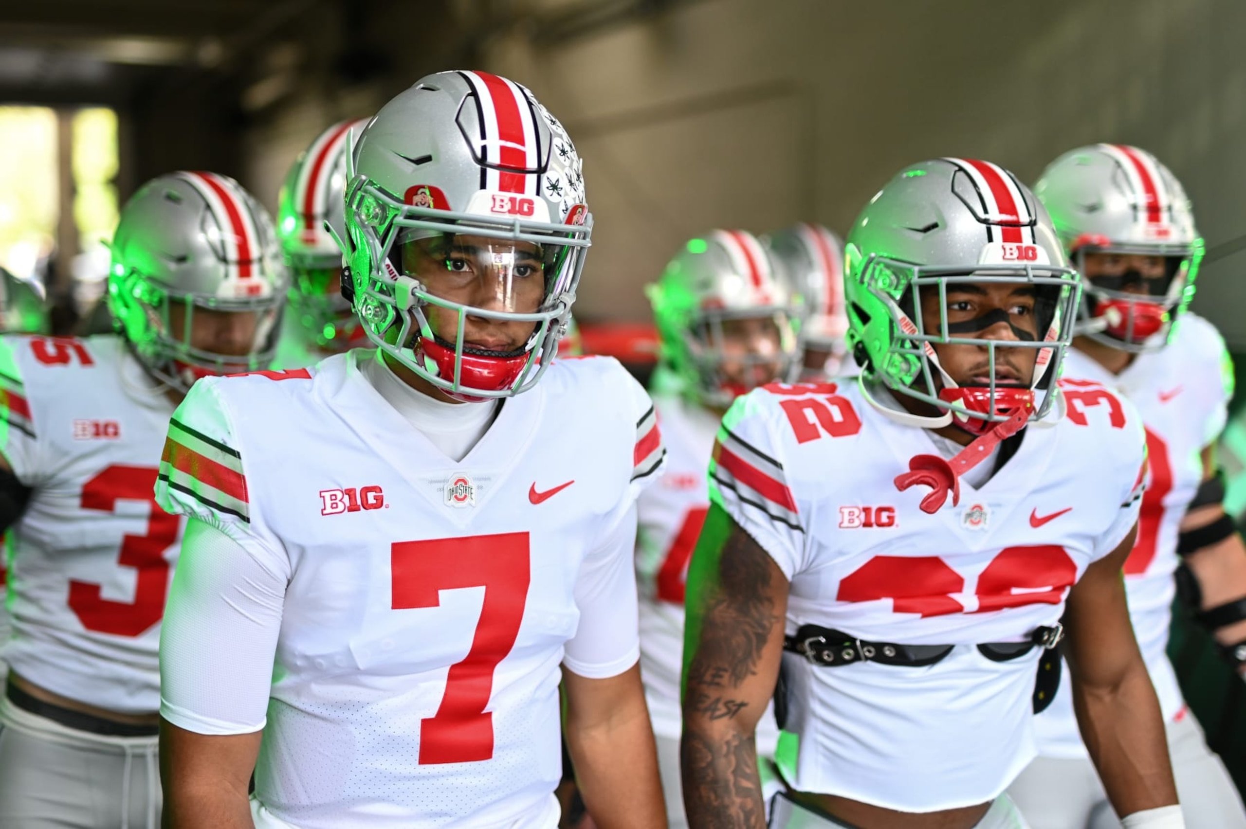 EAST LANSING, MI - OCTOBER 08: Ohio State Buckeyes quarterback C.J. Stroud (7) and running back TreVeyon Henderson (32) take the field prior to a college football game between the Michigan State Spartans and Ohio State Buckeyes on October 8, 2022 at Spartan Stadium in East Lansing, MI (Photo by Adam Ruff/Icon Sportswire via Getty Images)
