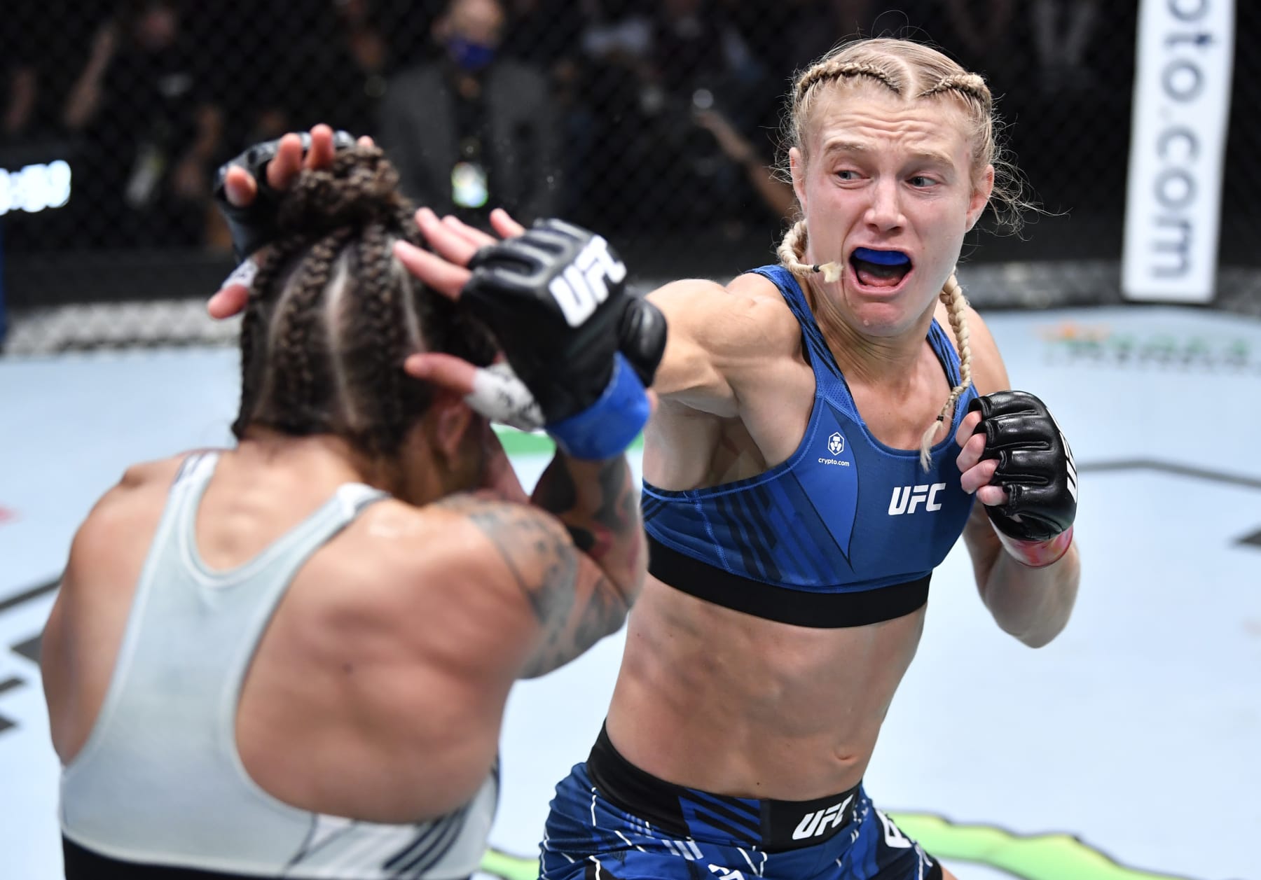 LAS VEGAS, NEVADA - OCTOBER 16: (R-L) Manon Fiorot of France punches Mayra Bueno Silva of Brazil in a flyweight fight during the UFC Fight Night event at UFC APEX on October 16, 2021 in Las Vegas, Nevada. (Photo by Chris Unger/Zuffa LLC)