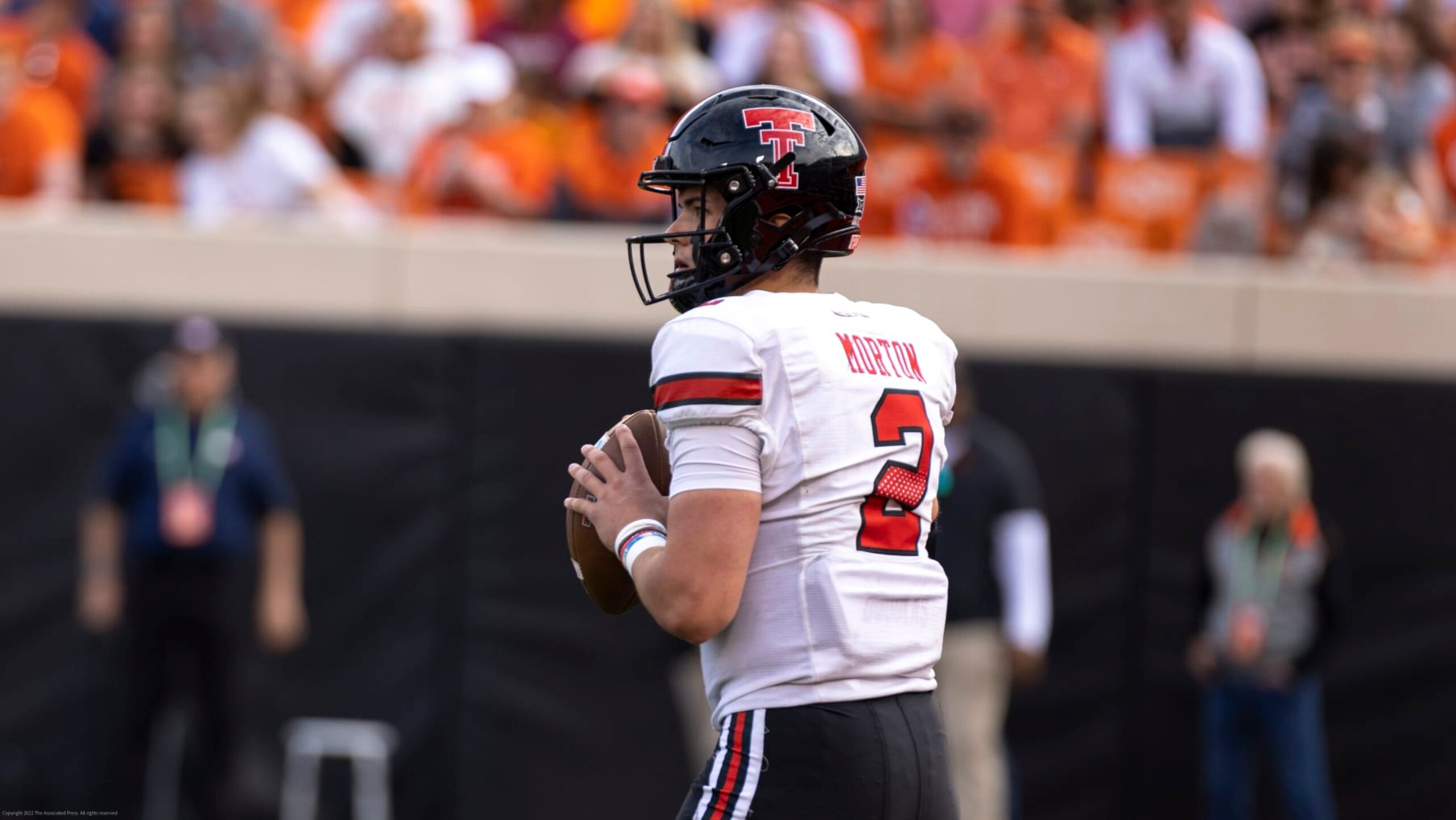 Texas Tech's Behren Morton (2) stands in the pocket during the second half of NCAA college football game against Oklahoma State in Stillwater, Okla., Saturday, Oct. 8, 2022. (AP Photo/Mitch Alcala)