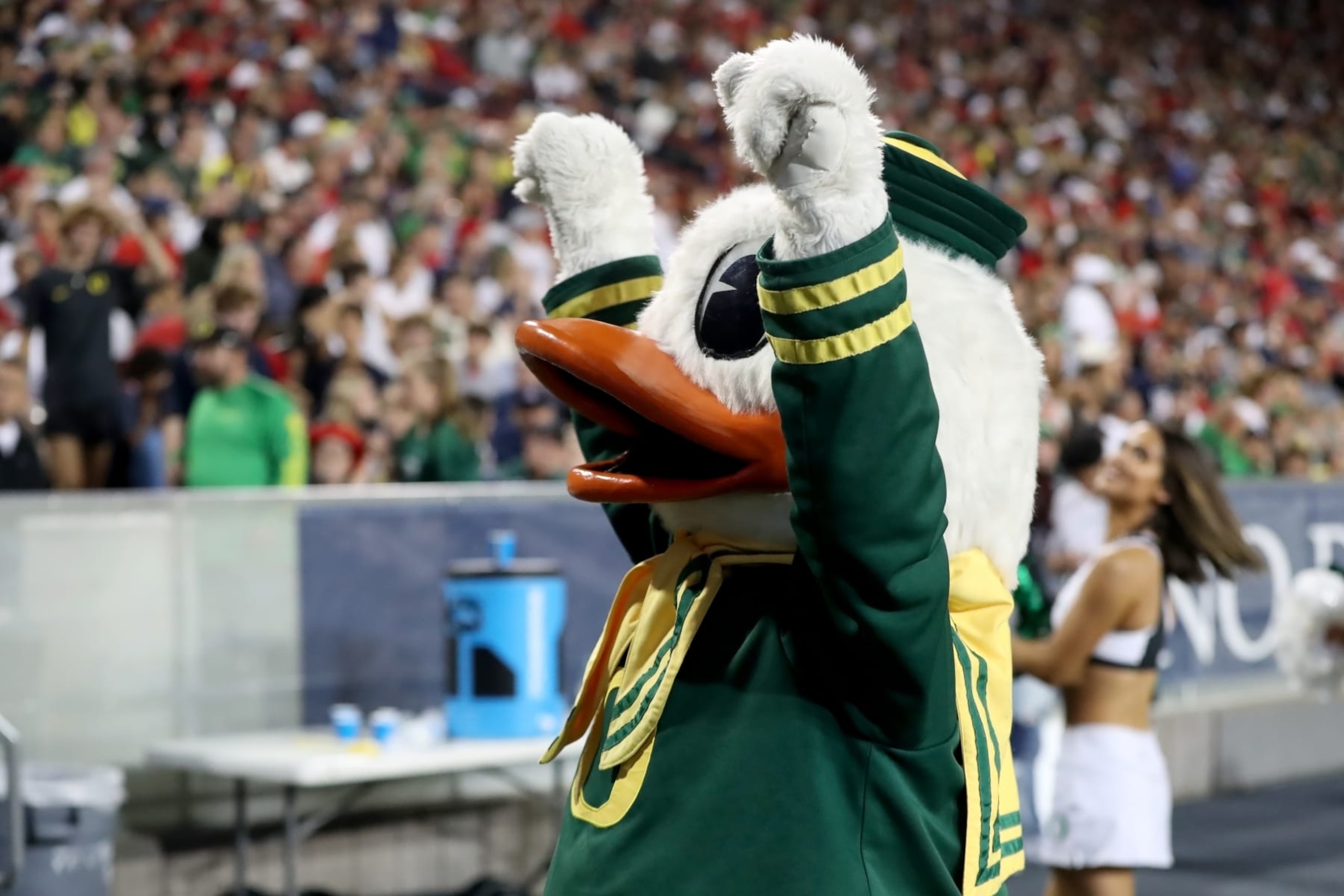 TUCSON, AZ - OCTOBER 08: Oregon Ducks mascot during a football game between the University of Oregon Ducks and the University of Arizona Wildcats on October 8, 2022 at Arizona Stadium in Tucson, AZ.  (Photo by Christopher Hook/Icon Sportswire via Getty Images)