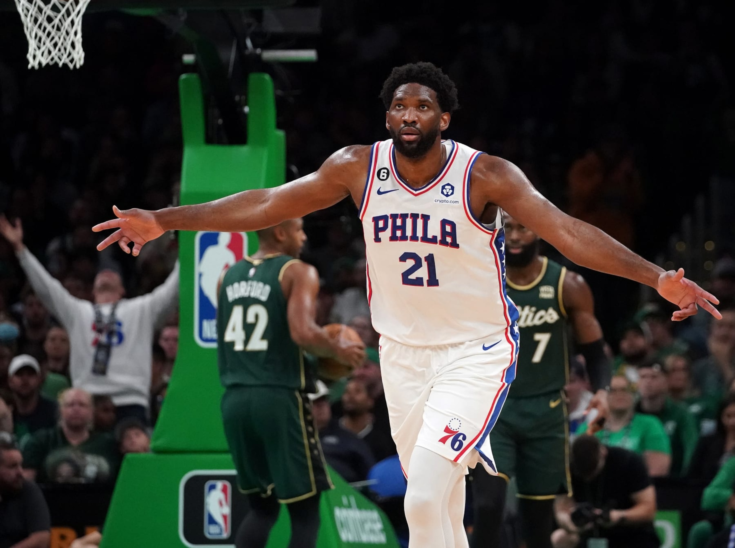 Boston, MA - October 18: Philadelphia 76ers center Joel Embiid celebrates a three pointer during the second quarter. The Boston Celtics took down the 76ers, 126-117, in the opening game of the 2022-23 NBA Regular Season. (Photo by Barry Chin/The Boston Globe via Getty Images) Boston, MA - October 18: Philadelphia 76ers center Joel Embiid celebrates a three pointer during the second quarter. The Boston Celtics took down the 76ers, 126-117, in the opening game of the 2022-23 NBA Regular Season. (Photo by Barry Chin/The Boston Globe via Getty Images)