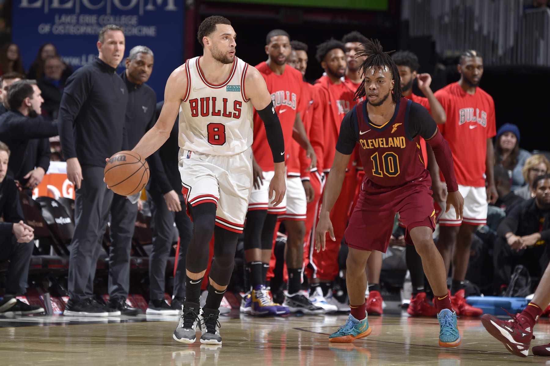CLEVELAND, OH - MARCH 26: Zach LaVine #8 of the Chicago Bulls dribbles the ball during the game against the Cleveland Cavaliers on March 26, 2022 at Rocket Mortgage FieldHouse in Cleveland, Ohio. NOTE TO USER: User expressly acknowledges and agrees that, by downloading and/or using this Photograph, user is consenting to the terms and conditions of the Getty Images License Agreement. Mandatory Copyright Notice: Copyright 2022 NBAE (Photo by David Liam Kyle/NBAE via Getty Images) CLEVELAND, OH - MARCH 26: Zach LaVine #8 of the Chicago Bulls dribbles the ball during the game against the Cleveland Cavaliers on March 26, 2022 at Rocket Mortgage FieldHouse in Cleveland, Ohio. NOTE TO USER: User expressly acknowledges and agrees that, by downloading and/or using this Photograph, user is consenting to the terms and conditions of the Getty Images License Agreement. Mandatory Copyright Notice: Copyright 2022 NBAE (Photo by David Liam Kyle/NBAE via Getty Images)