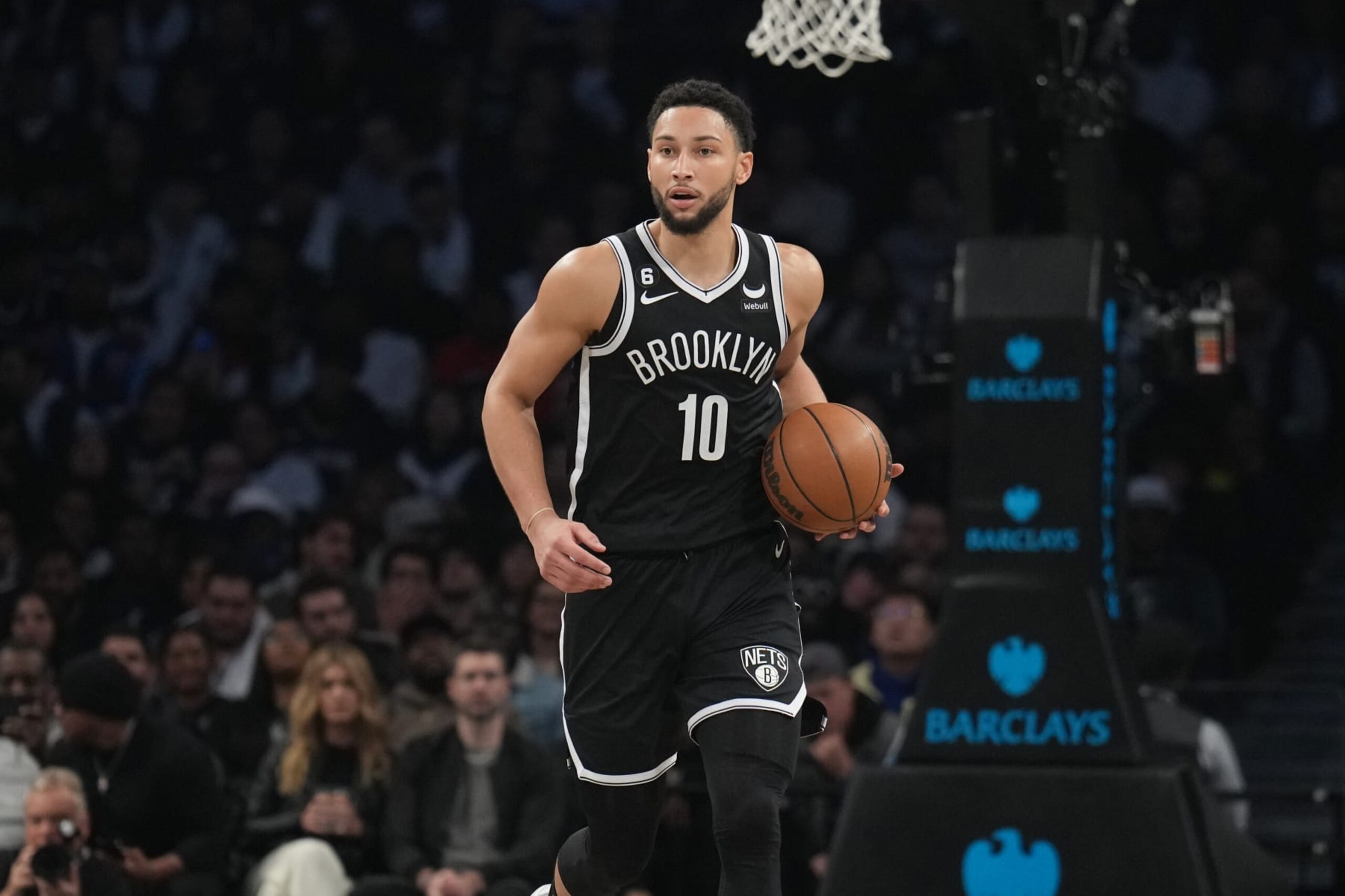 BROOKLYN, NY - OCTOBER 19: Ben Simmons #10 of the Brooklyn Nets dribbles the ball during the game against the New Orleans Pelicans on October 19, 2022 at Barclays Center in Brooklyn, New York. NOTE TO USER: User expressly acknowledges and agrees that, by downloading and or using this Photograph, user is consenting to the terms and conditions of the Getty Images License Agreement. Mandatory Copyright Notice: Copyright 2022 NBAE (Photo by Jesse D. Garrabrant/NBAE via Getty Images)
