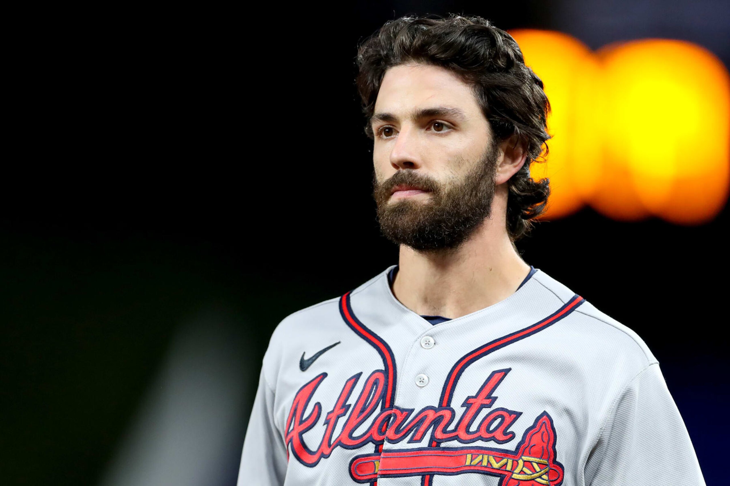 MIAMI, FLORIDA - OCTOBER 04: Dansby Swanson #7 of the Atlanta Braves looks on during a game against the Miami Marlins at loanDepot park on October 04, 2022 in Miami, Florida. (Photo by Megan Briggs/Getty Images)