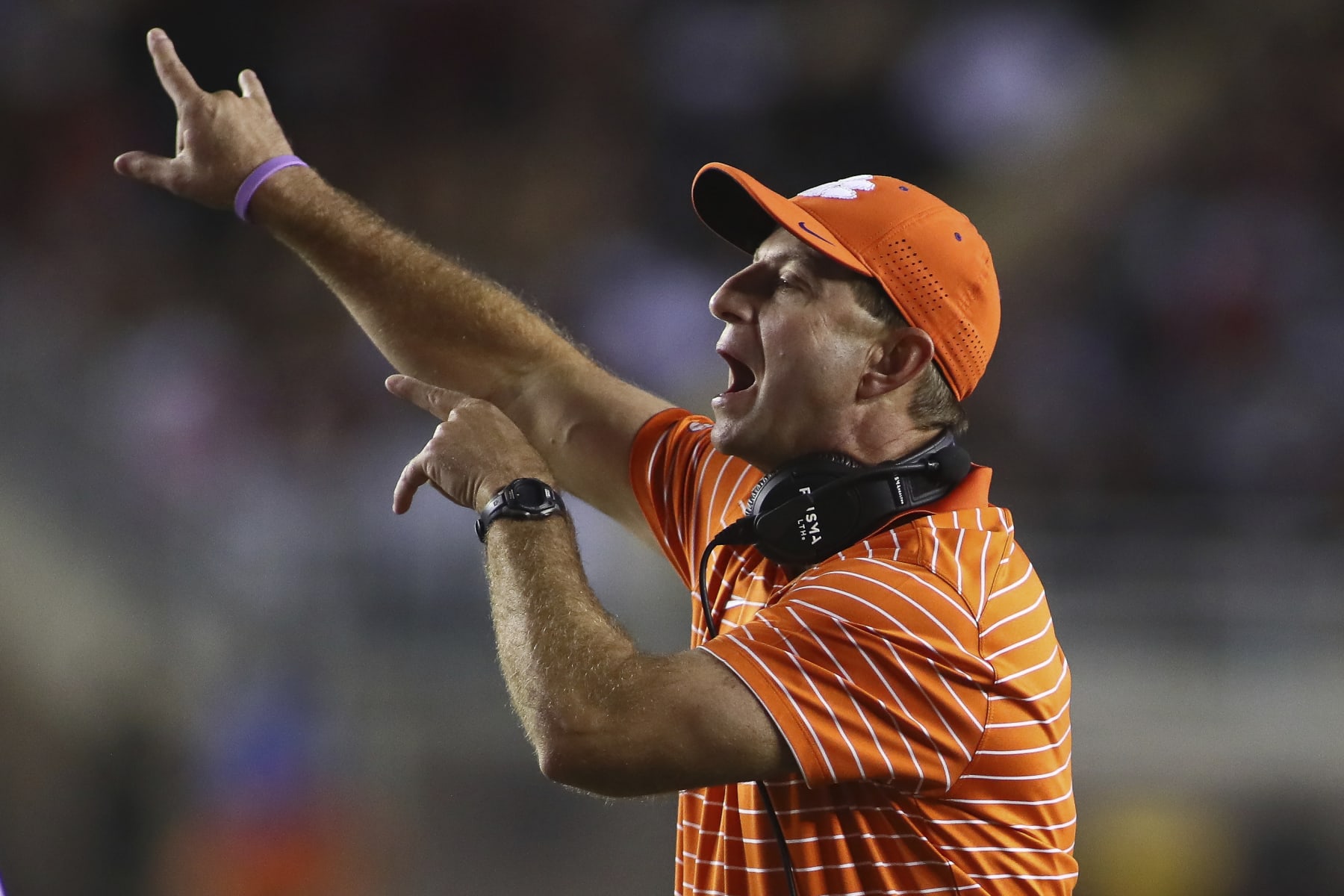 Clemson head coach Dabo Swinney calls a play in the fourth quarter of an NCAA college football game against Florida State Saturday, Oct. 15, 2022, in Tallahassee, Fla. Clemson won 34-28. (AP Photo/Phil Sears)