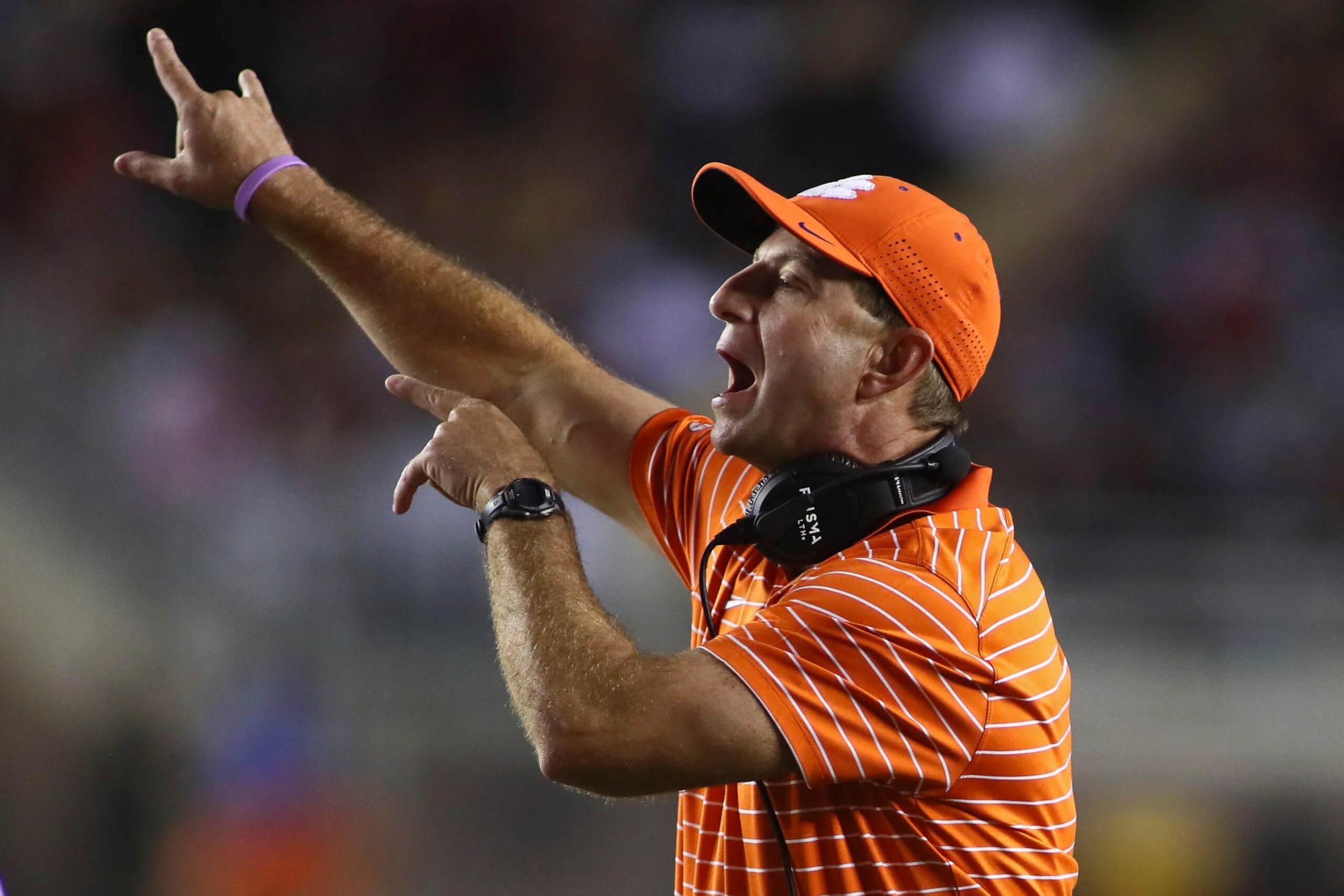 Clemson head coach Dabo Swinney calls a play in the fourth quarter of an NCAA college football game against Florida State Saturday, Oct. 15, 2022, in Tallahassee, Fla. Clemson won 34-28. (AP Photo/Phil Sears)