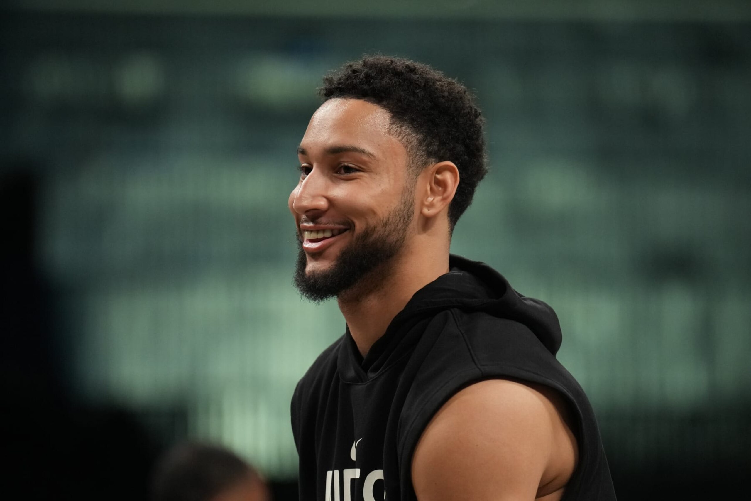 BROOKLYN, NY - OCTOBER 19: Ben Simmons #10 of the Brooklyn Nets smiles before the game against the New Orleans Pelicans on October 19, 2022 at Barclays Center in Brooklyn, New York. NOTE TO USER: User expressly acknowledges and agrees that, by downloading and or using this Photograph, user is consenting to the terms and conditions of the Getty Images License Agreement. Mandatory Copyright Notice: Copyright 2022 NBAE (Photo by Jesse D. Garrabrant/NBAE via Getty Images)