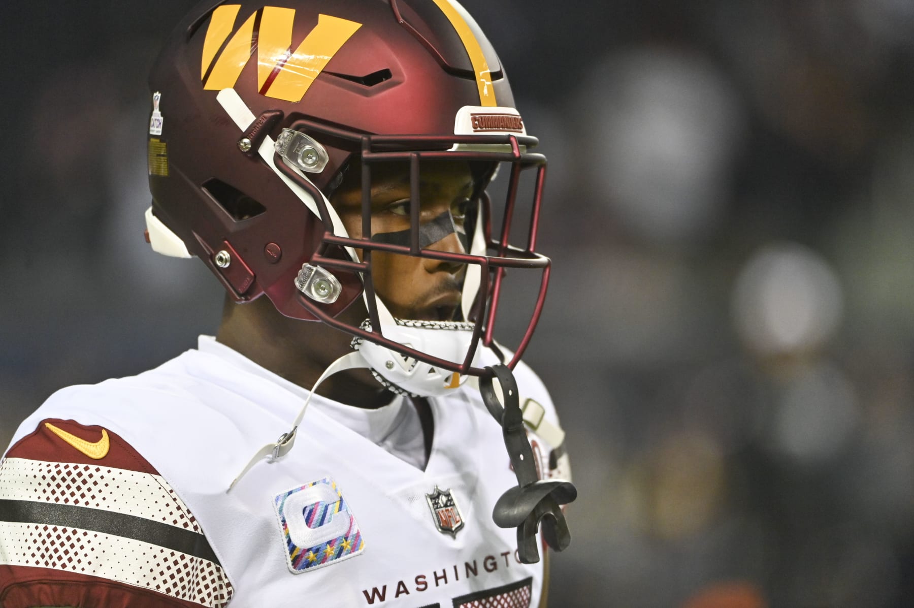 LANDOVER, MD - OCTOBER 13: Washington Commanders wide receiver Terry McLaurin (17) on the field before the game against the Chicago Bears at Soldier Field on October 13, 2022. (Photo by Jonathan Newton/The Washington Post via Getty Images)