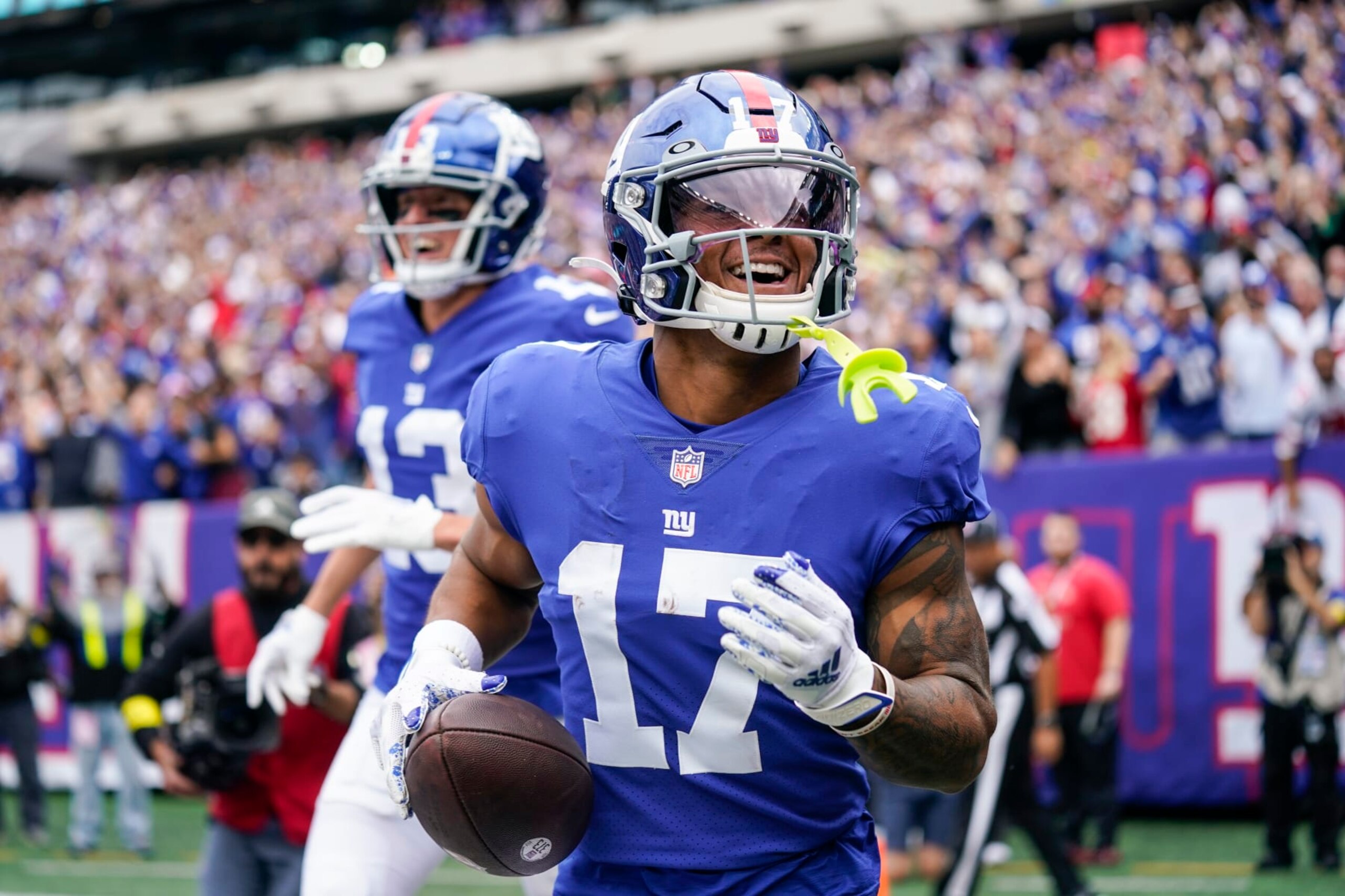 New York Giants wide receiver Wan'Dale Robinson (17) celebrates after scoring a touchdown during the first half of an NFL football game against the Baltimore Ravens Sunday, Oct. 16, 2022, in East Rutherford, N.J. (AP Photo/Seth Wenig) New York Giants wide receiver Wan'Dale Robinson (17) celebrates after scoring a touchdown during the first half of an NFL football game against the Baltimore Ravens Sunday, Oct. 16, 2022, in East Rutherford, N.J. (AP Photo/Seth Wenig)