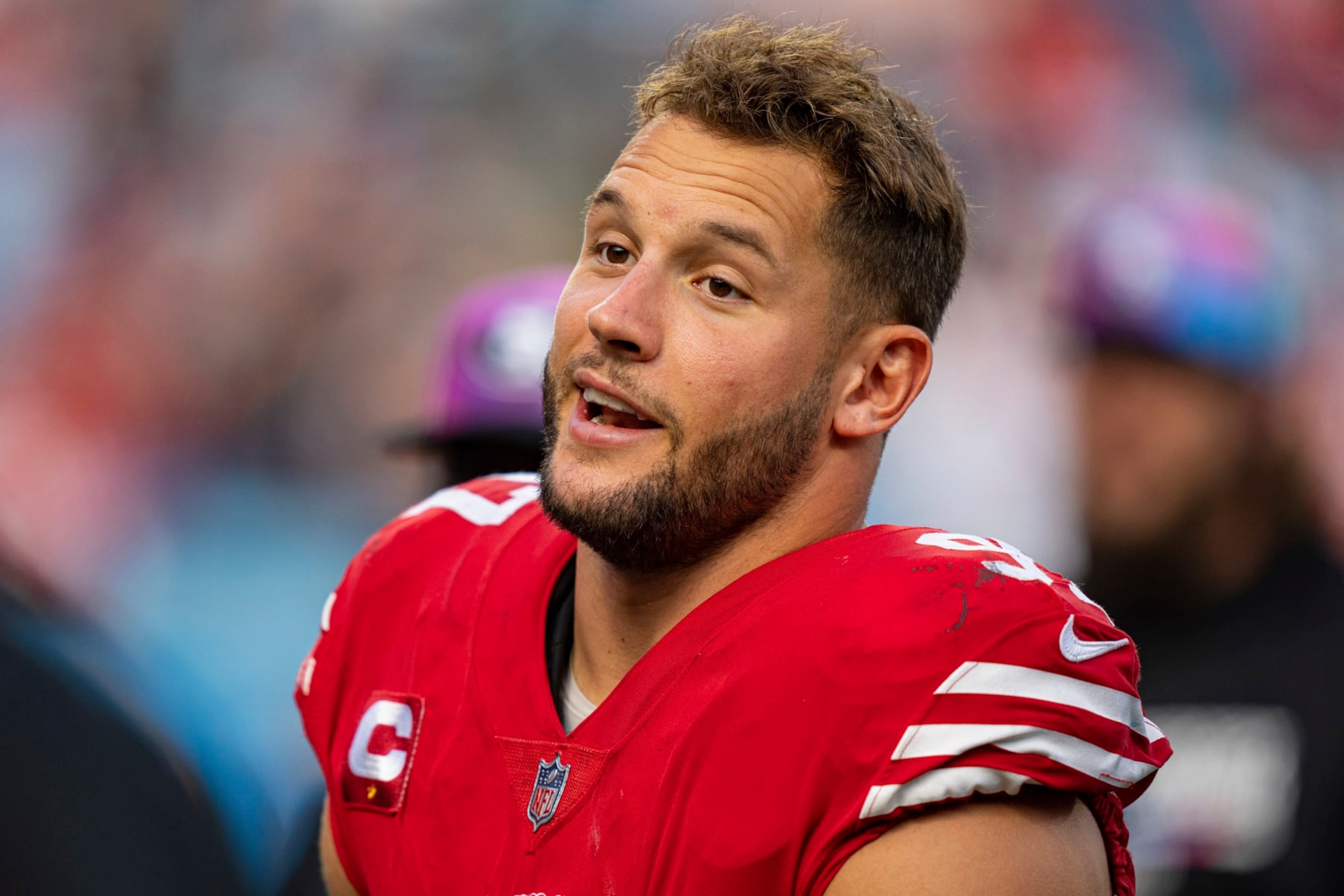 San Francisco 49ers defensive end Nick Bosa (97) looks on during an NFL football game against the Carolina Panthers on Sunday, Oct. 9, 2022, in Charlotte, N.C. (AP Photo/Jacob Kupferman)
