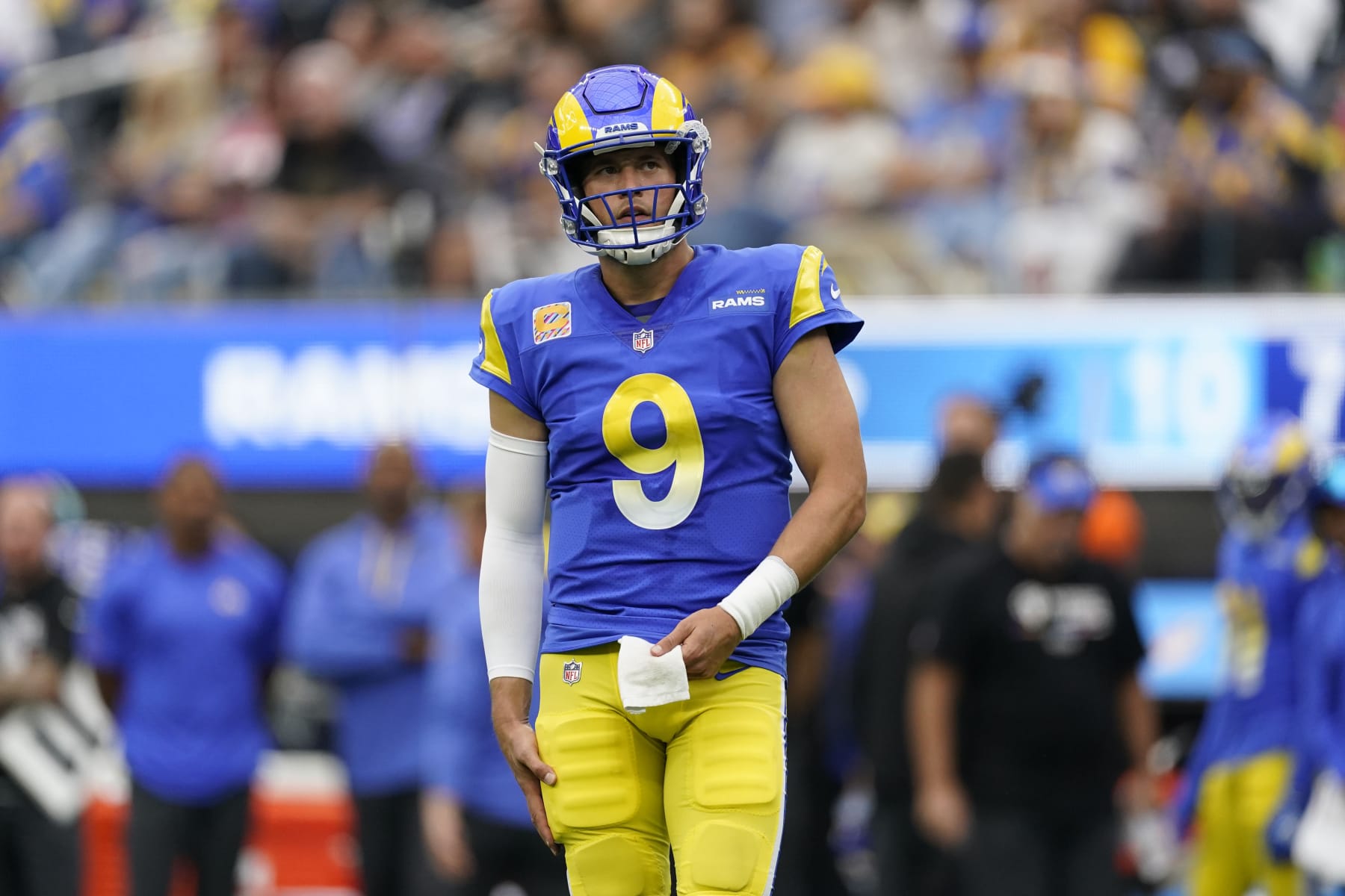 Los Angeles Rams quarterback Matthew Stafford (9) during a break in action during the second half of an NFL football game against the Carolina Panthers Sunday, Oct. 16, 2022, in Inglewood, Calif. (AP Photo/Ashley Landis)