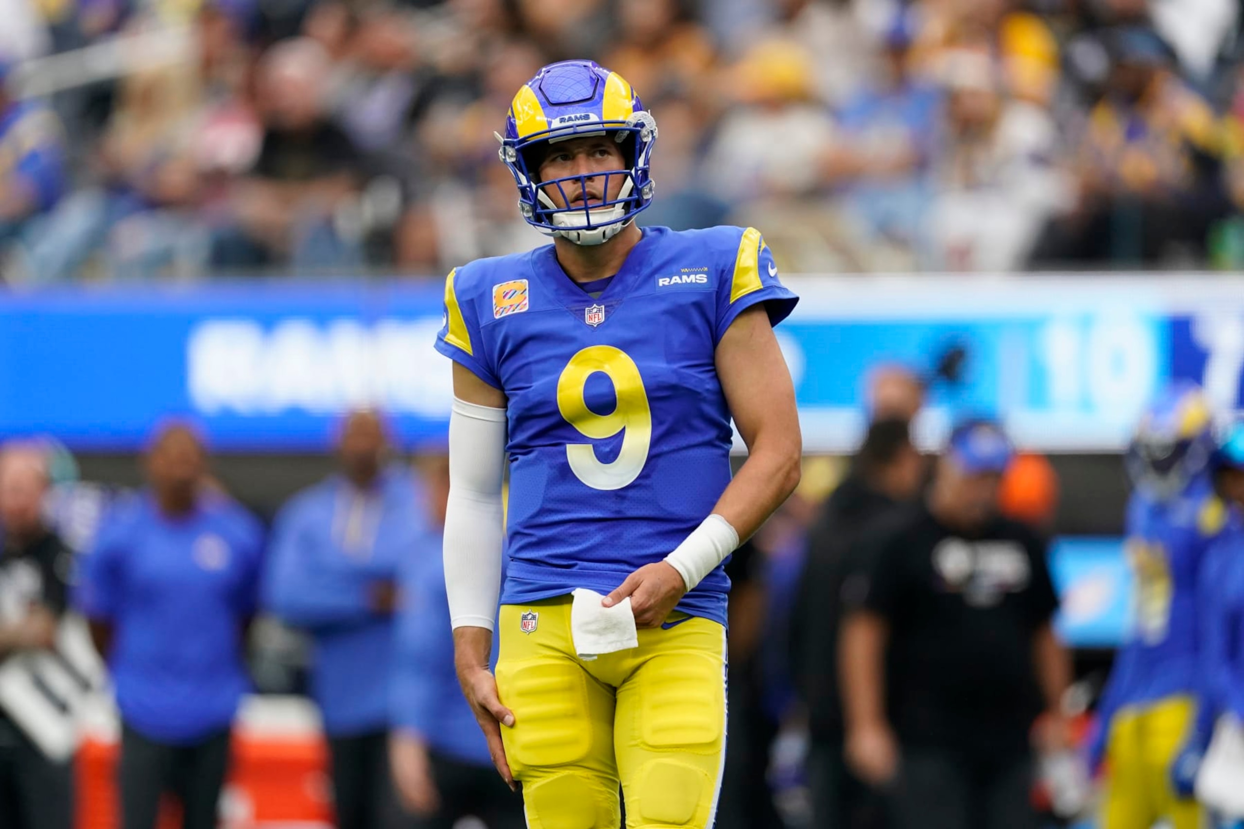 Los Angeles Rams quarterback Matthew Stafford (9) during a break in action during the second half of an NFL football game against the Carolina Panthers Sunday, Oct. 16, 2022, in Inglewood, Calif. (AP Photo/Ashley Landis)