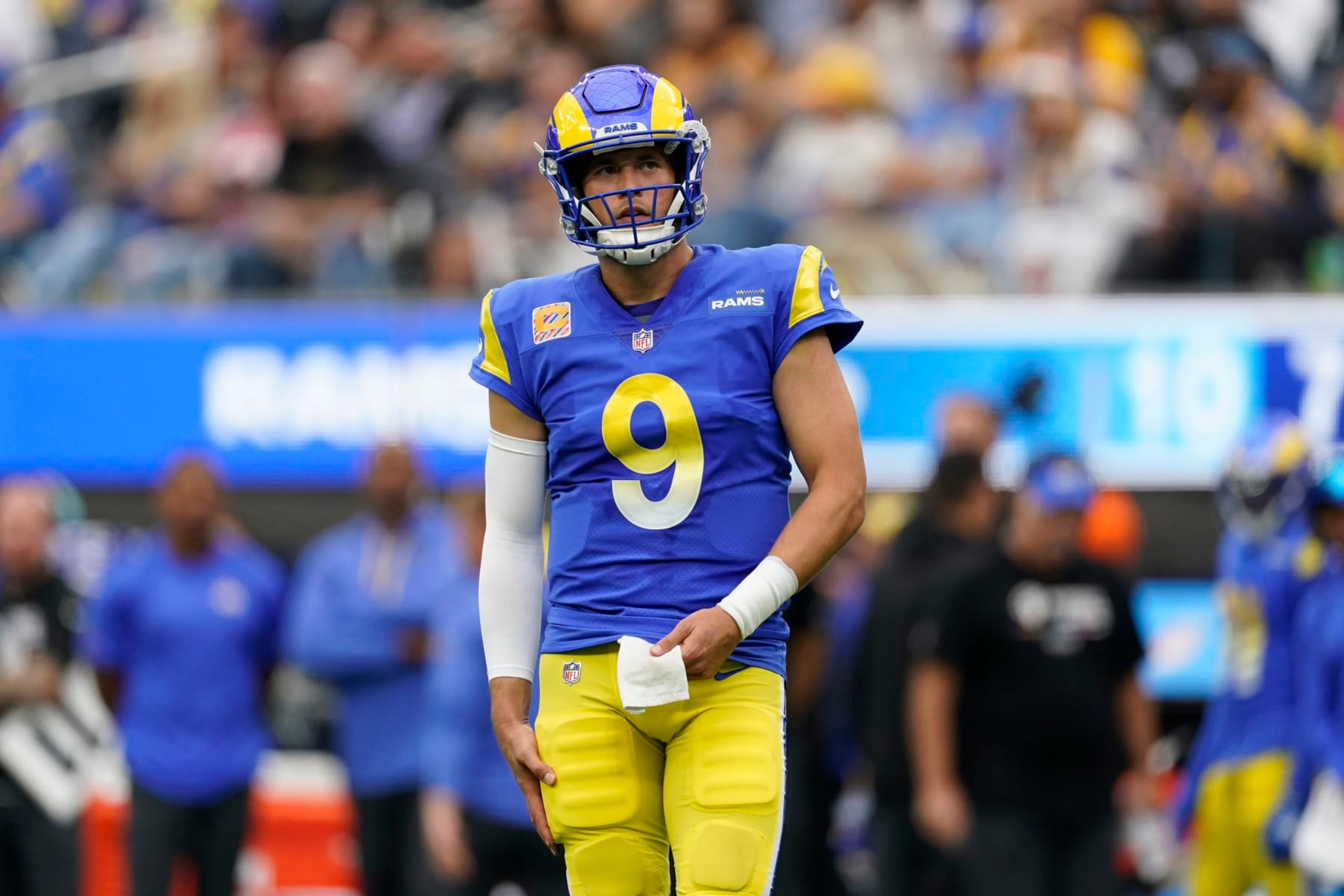 Los Angeles Rams quarterback Matthew Stafford (9) during a break in action during the second half of an NFL football game against the Carolina Panthers Sunday, Oct. 16, 2022, in Inglewood, Calif. (AP Photo/Ashley Landis)