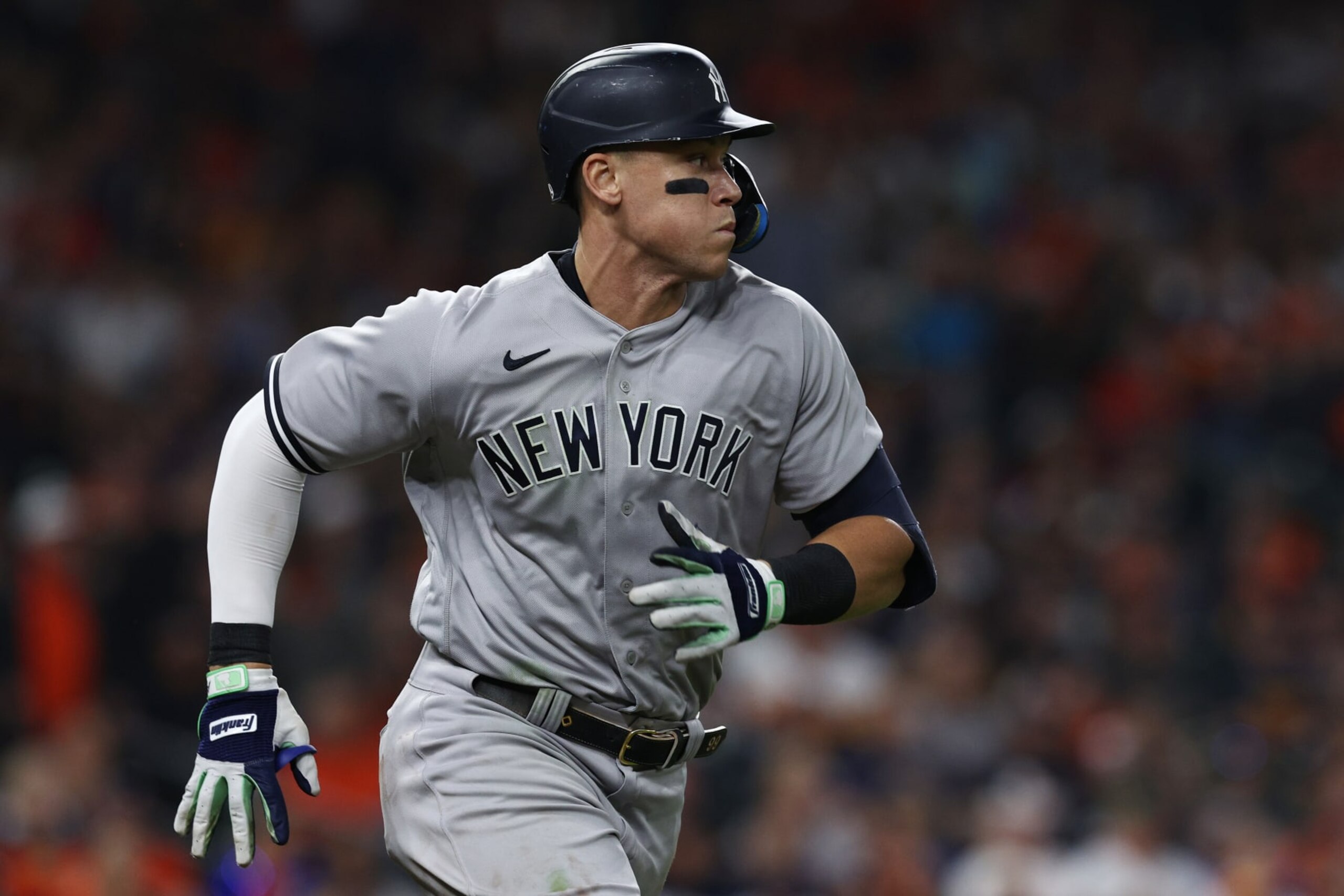 HOUSTON, TEXAS - OCTOBER 19: Aaron Judge #99 of the New York Yankees grounds out during the third inning against the Houston Astros in game one of the American League Championship Series at Minute Maid Park on October 19, 2022 in Houston, Texas. (Photo by Tom Pennington/Getty Images) HOUSTON, TEXAS - OCTOBER 19: Aaron Judge #99 of the New York Yankees grounds out during the third inning against the Houston Astros in game one of the American League Championship Series at Minute Maid Park on October 19, 2022 in Houston, Texas. (Photo by Tom Pennington/Getty Images)