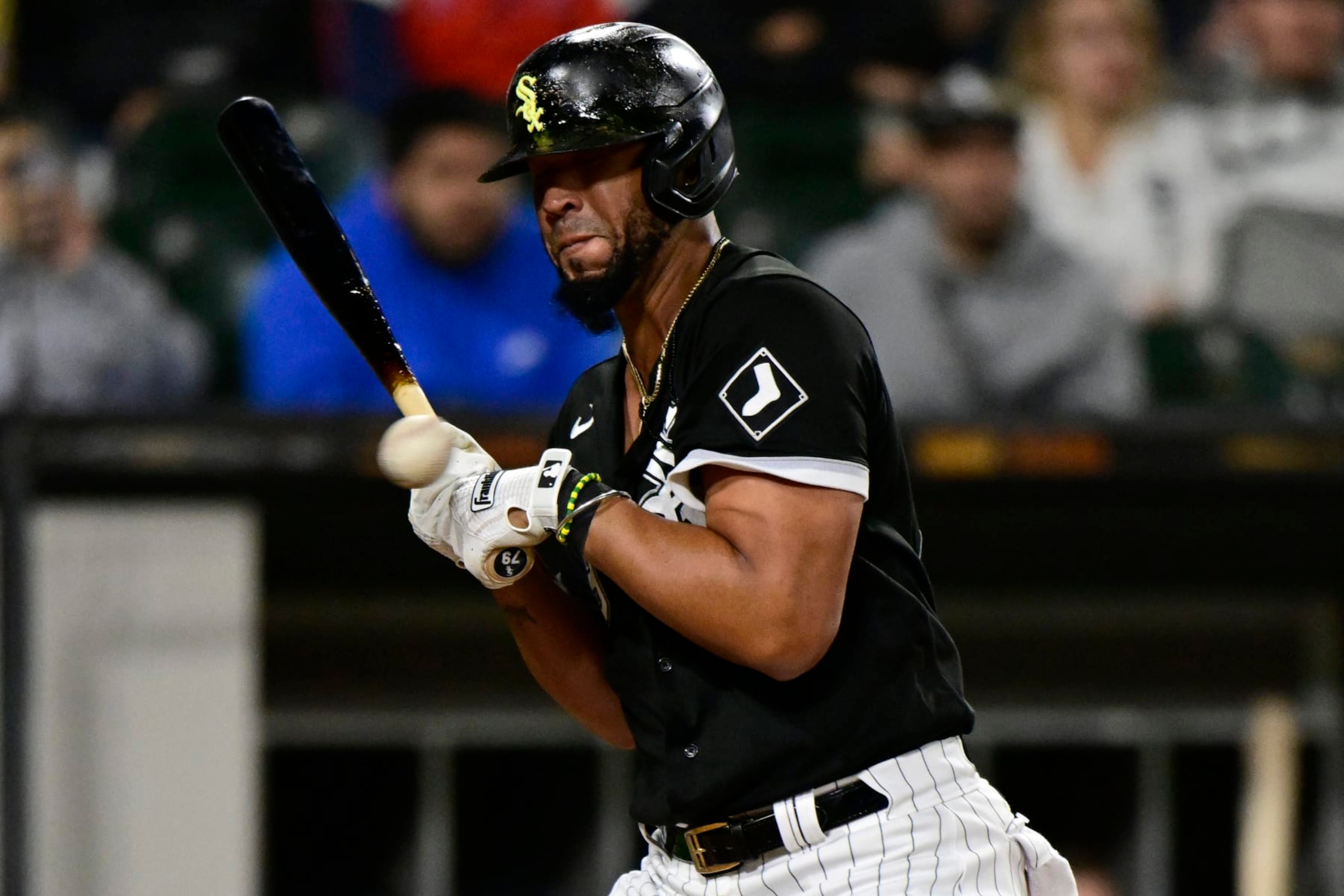 CHICAGO, ILLINOIS - OCTOBER 04: Jose Abreu #79 of the Chicago White Sox is hit by a pitch in the third inning against the Minnesota Twins at Guaranteed Rate Field on October 04, 2022 in Chicago, Illinois. (Photo by Quinn Harris/Getty Images) CHICAGO, ILLINOIS - OCTOBER 04: Jose Abreu #79 of the Chicago White Sox is hit by a pitch in the third inning against the Minnesota Twins at Guaranteed Rate Field on October 04, 2022 in Chicago, Illinois. (Photo by Quinn Harris/Getty Images)