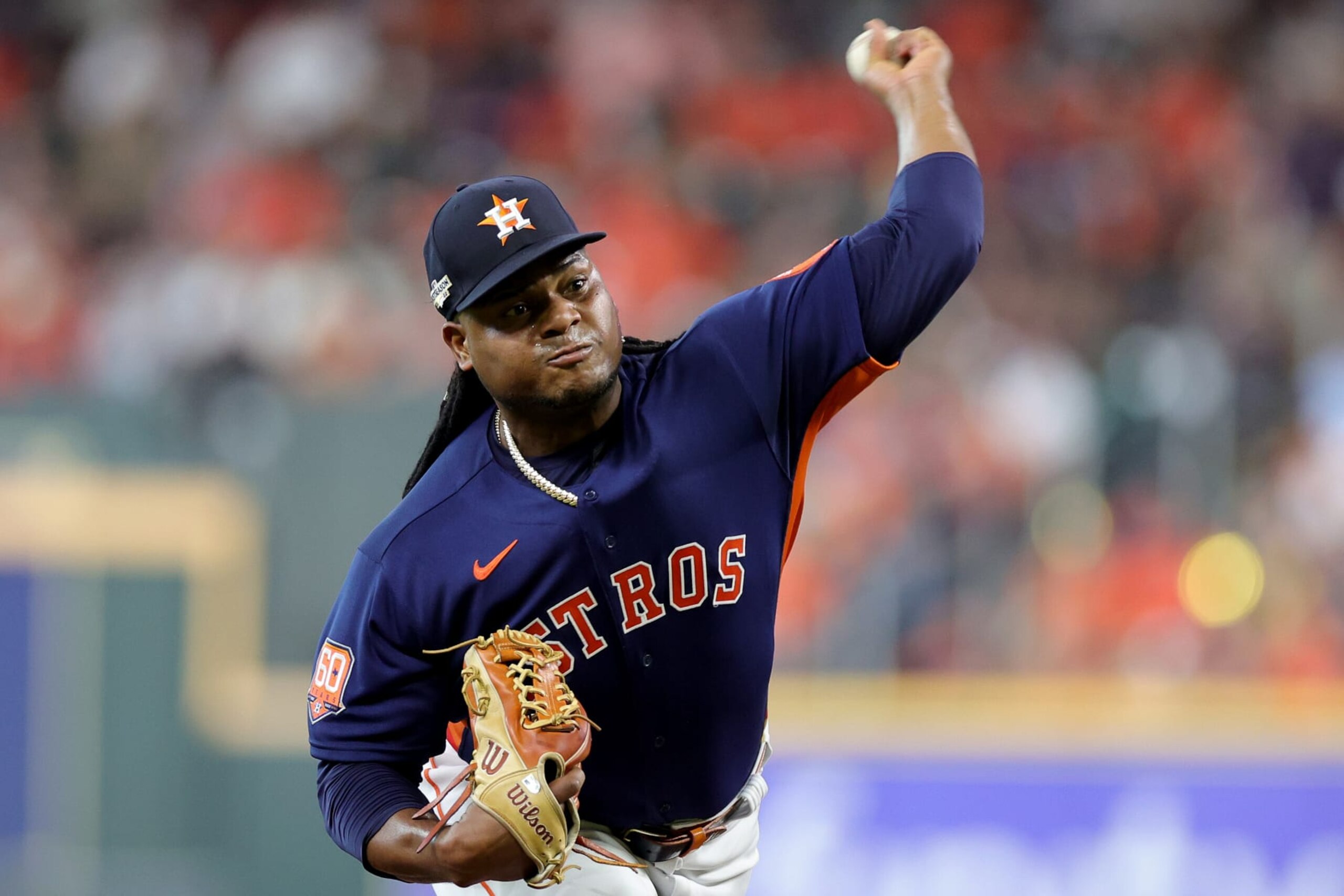 HOUSTON, TEXAS - OCTOBER 13: Framber Valdez #59 of the Houston Astros delivers a pitch against the Seattle Mariners during the first inning in game two of the American League Division Series at Minute Maid Park on October 13, 2022 in Houston, Texas. (Photo by Carmen Mandato/Getty Images)