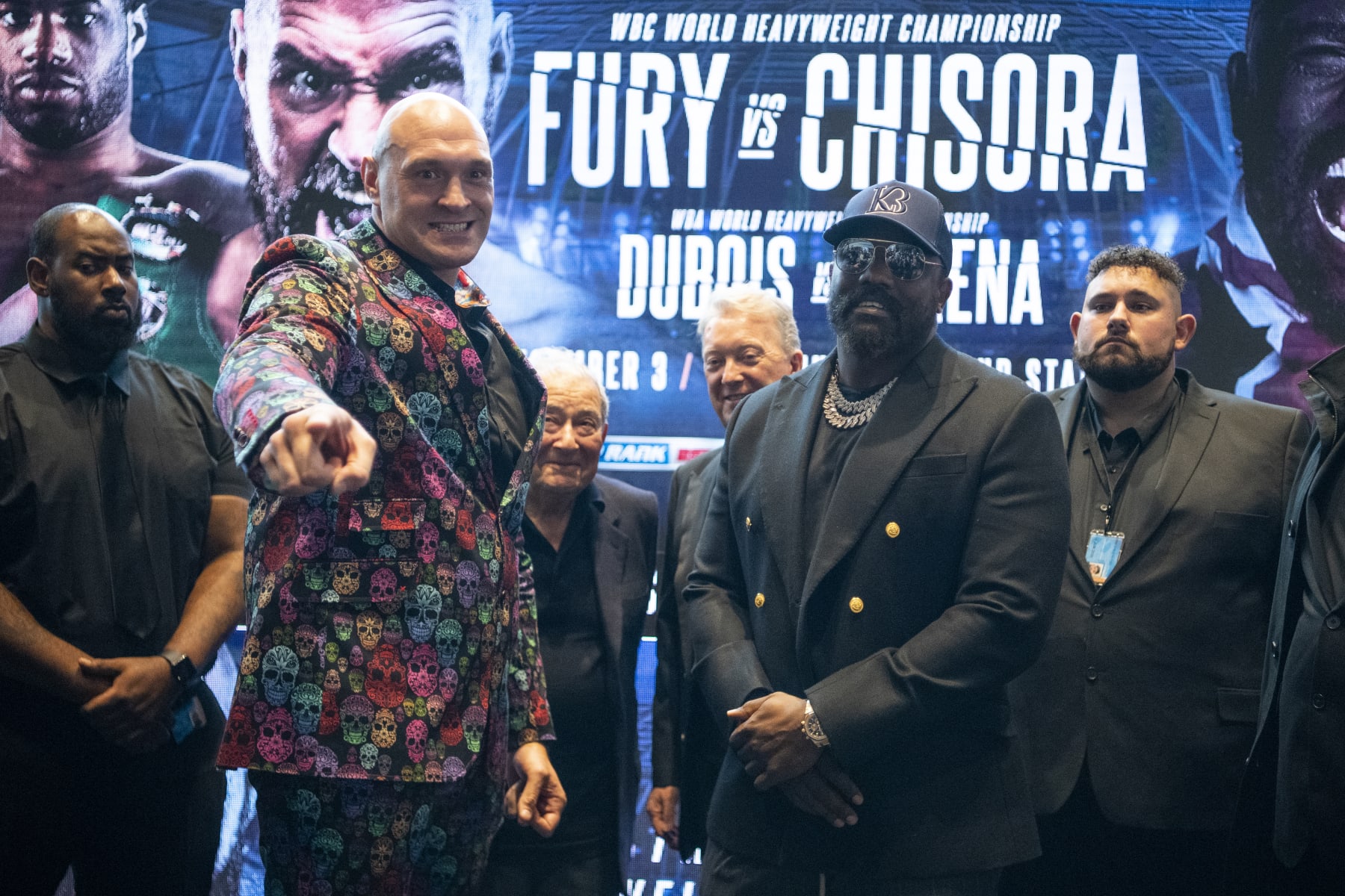 LONDON, ENGLAND - OCTOBER 20: Tyson Fury and Derek Chisora face off during a Press Conference to announce the fight between Tyson Fury and Derek Chisora at Tottenham Hotspur Stadium on October 20, 2022 in London, England. (Photo by Justin Setterfield/Getty Images)