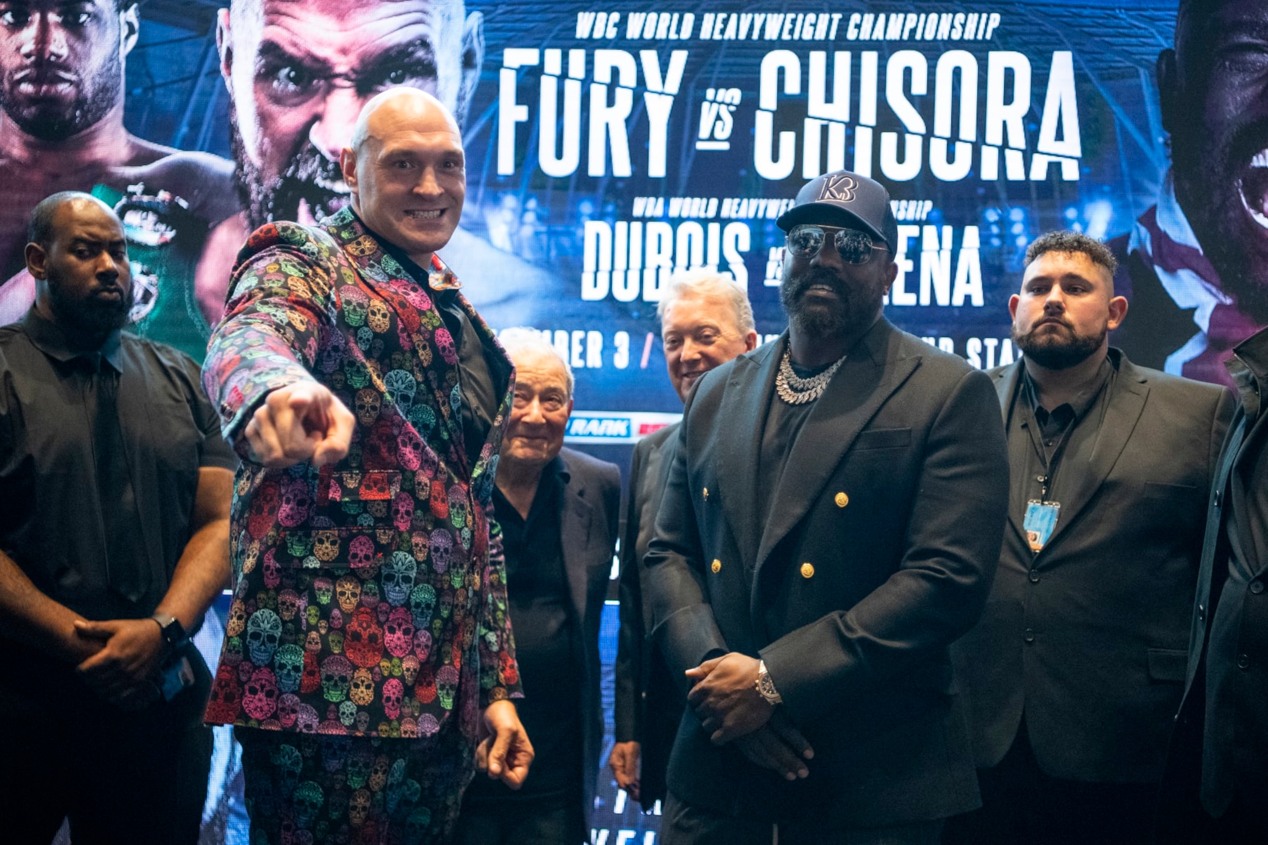 LONDON, ENGLAND - OCTOBER 20: Tyson Fury and Derek Chisora face off during a Press Conference to announce the fight between Tyson Fury and Derek Chisora at Tottenham Hotspur Stadium on October 20, 2022 in London, England. (Photo by Justin Setterfield/Getty Images)