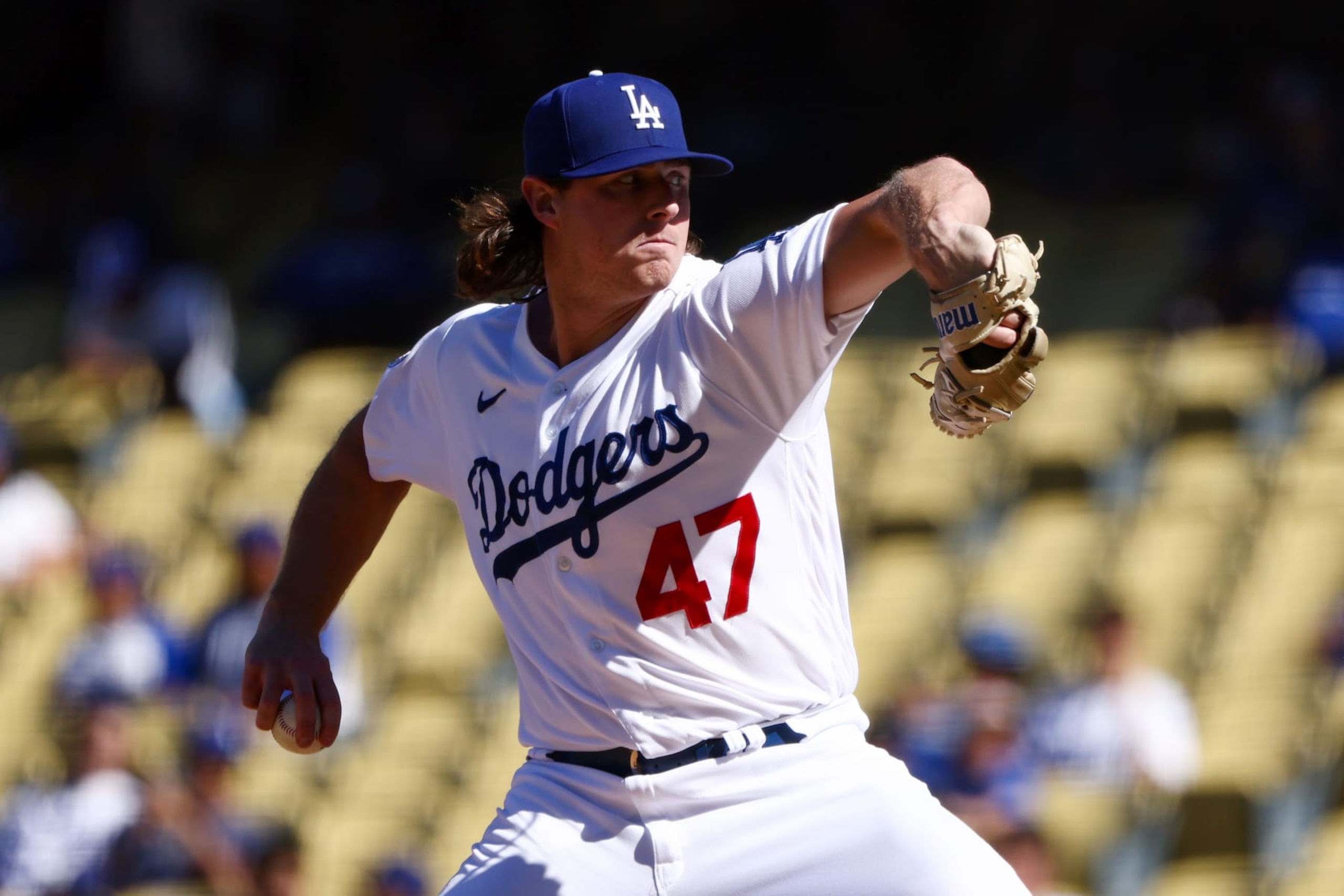 LOS ANGELES, CALIFORNIA - SEPTEMBER 20: Ryan Pepiot #47 of the Los Angeles Dodgers delivers a pitch during the eighth inning against the Arizona Diamondbacks in game one of a doubleheader at Dodger Stadium on September 20, 2022 in Los Angeles, California. (Photo by Katelyn Mulcahy/Getty Images)