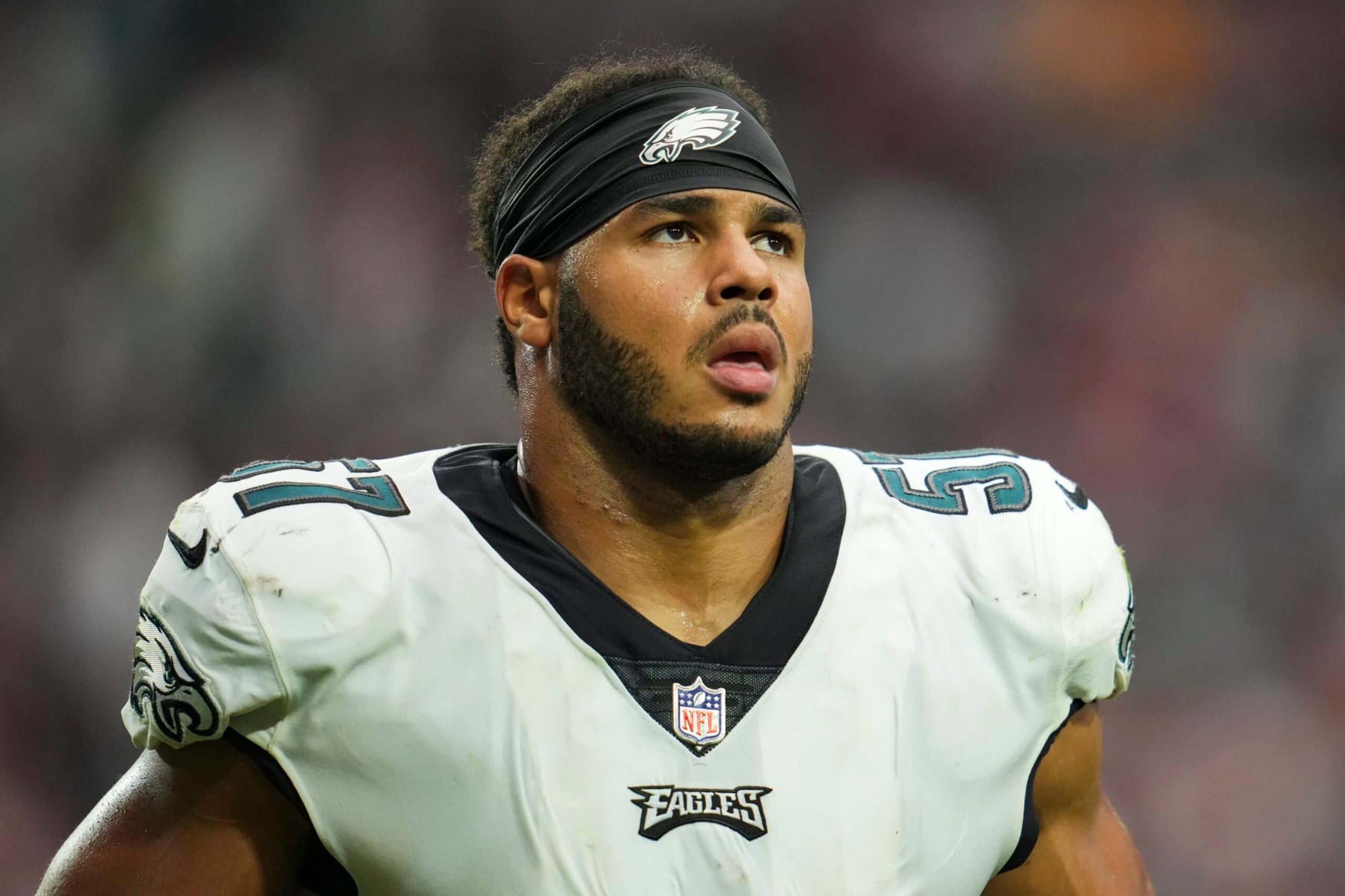GLENDALE, AZ - OCTOBER 09: T.J. Edwards #57 of the Philadelphia Eagles runs off of the field against the Arizona Cardinals at State Farm Stadium on October 9, 2022 in Glendale, Arizona. (Photo by Cooper Neill/Getty Images)