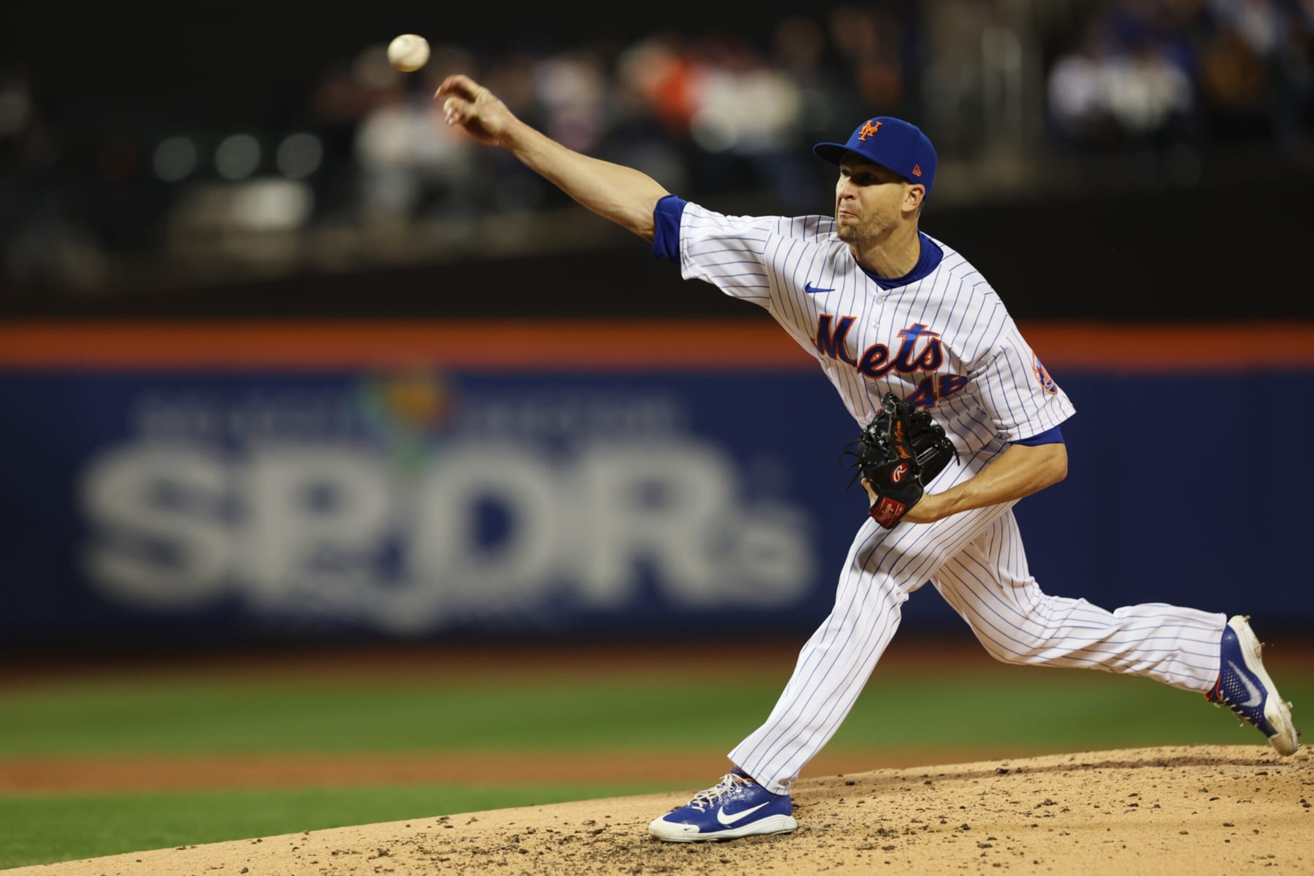 NEW YORK, NY - OCTOBER 08: Jacob deGrom #48 of the New York Mets pitches in the first inning during the Wild Card Series game between the San Diego Padres and the New York Mets at Citi Field on Saturday, October 8, 2022 in New York, New York. (Photo by Rob Tringali/MLB Photos via Getty Images)