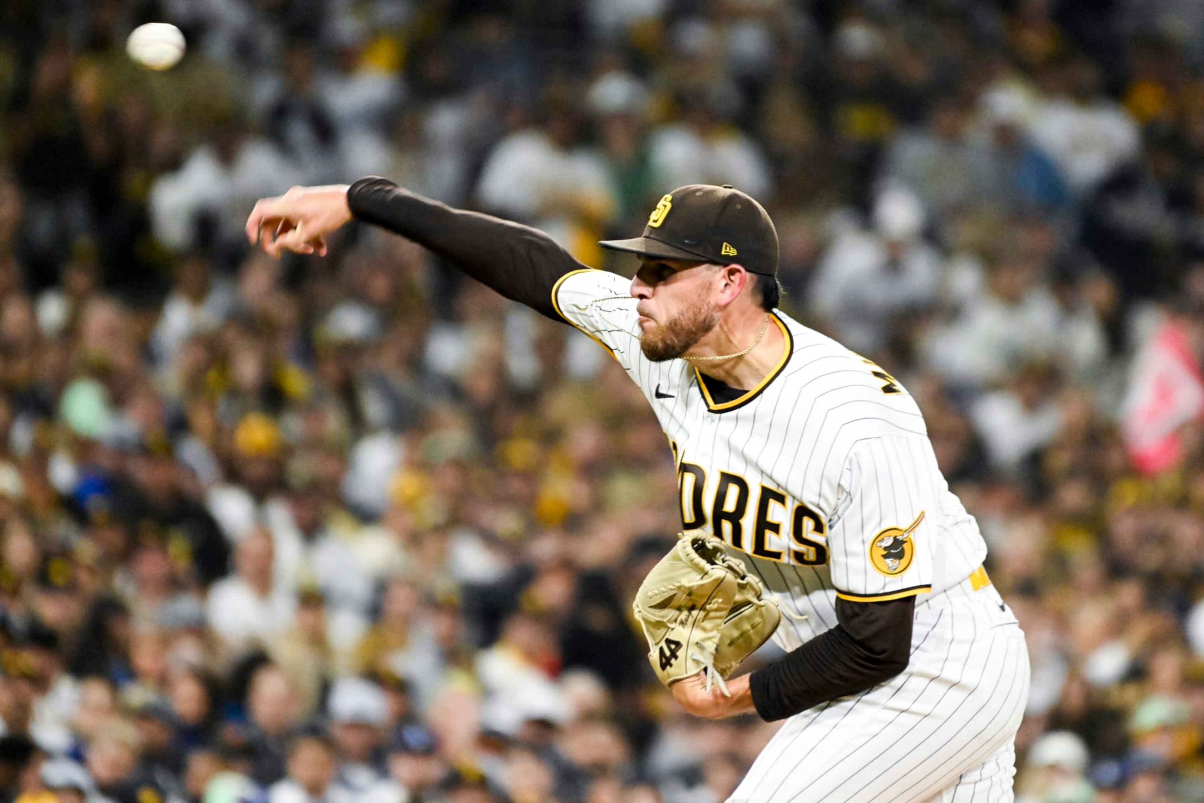 San Diego, CA - October 15: San Diego Padres starting pitcher Joe Musgrove delivers a pitch during the first inning in game 4 of the NLDS against the Los Angeles Dodgers at Petco Park on Saturday, Oct. 15, 2022 in San Diego, CA. (Wally Skalij / Los Angeles Times via Getty Images) San Diego, CA - October 15: San Diego Padres starting pitcher Joe Musgrove delivers a pitch during the first inning in game 4 of the NLDS against the Los Angeles Dodgers at Petco Park on Saturday, Oct. 15, 2022 in San Diego, CA. (Wally Skalij / Los Angeles Times via Getty Images)