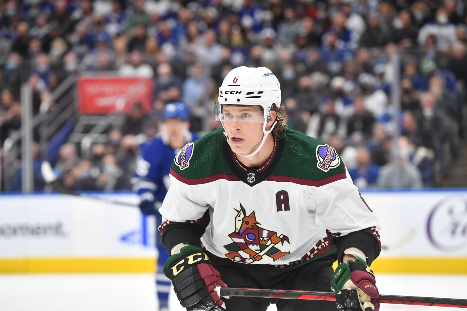 TORONTO, ON - MARCH 10: Arizona Coyotes Defenceman Jakob Chychrun (6) tracks the play in the second period during the NHL regular season game between the Arizona Coyotes and the Toronto Maple Leafs on March 10, 2022, at Scotiabank Arena in Toronto, ON, Canada. (Photo by Gavin Napier/Icon Sportswire via Getty Images)