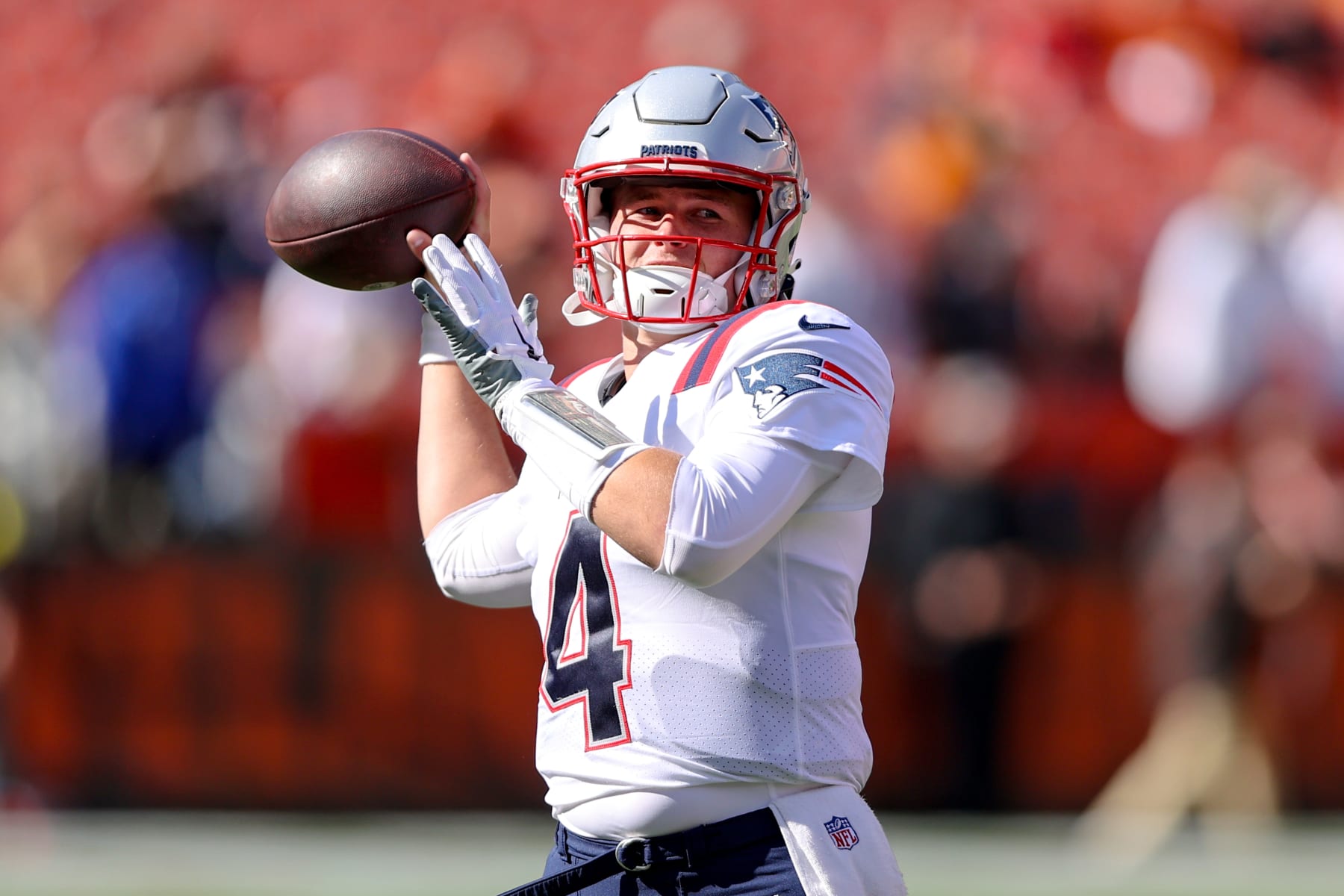 CLEVELAND, OH - OCTOBER 16: New England Patriots quarterback Bailey Zappe (4) on the field prior to the National Football League game between the New England Patriots and Cleveland Browns on October 16, 2022, at FirstEnergy Stadium in Cleveland, OH. (Photo by Frank Jansky/Icon Sportswire via Getty Images)