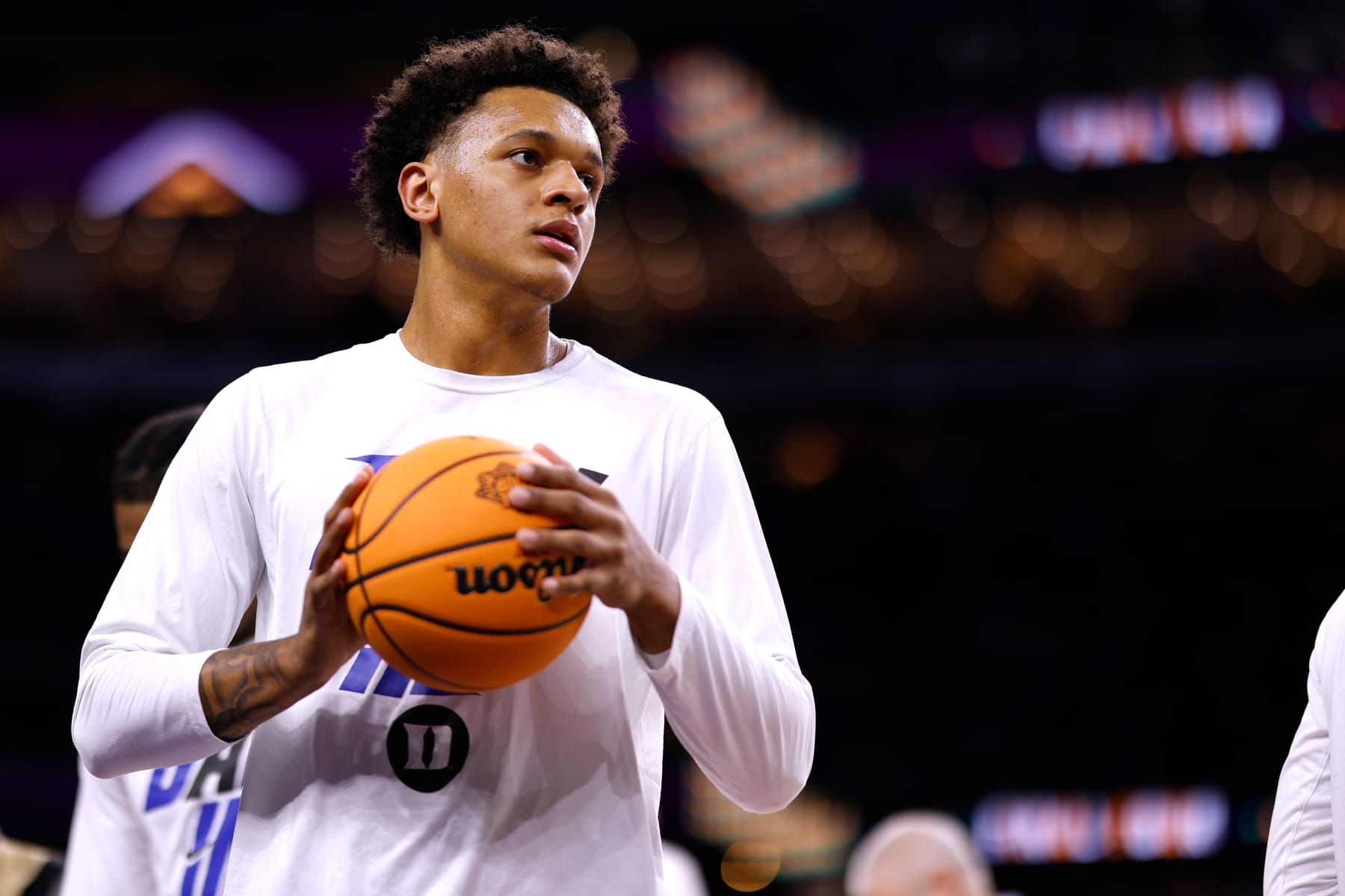 NEW ORLEANS, LA - APRIL 02: Paolo Banchero #5 of the Duke Blue Devils warms up prior to their game against the North Carolina Tar Heels during the 2022 NCAA Men's Basketball Tournament Final Four at Caesars Superdome on April 2, 2022 in New Orleans, Louisiana. (Photo by Lance King/Getty Images)