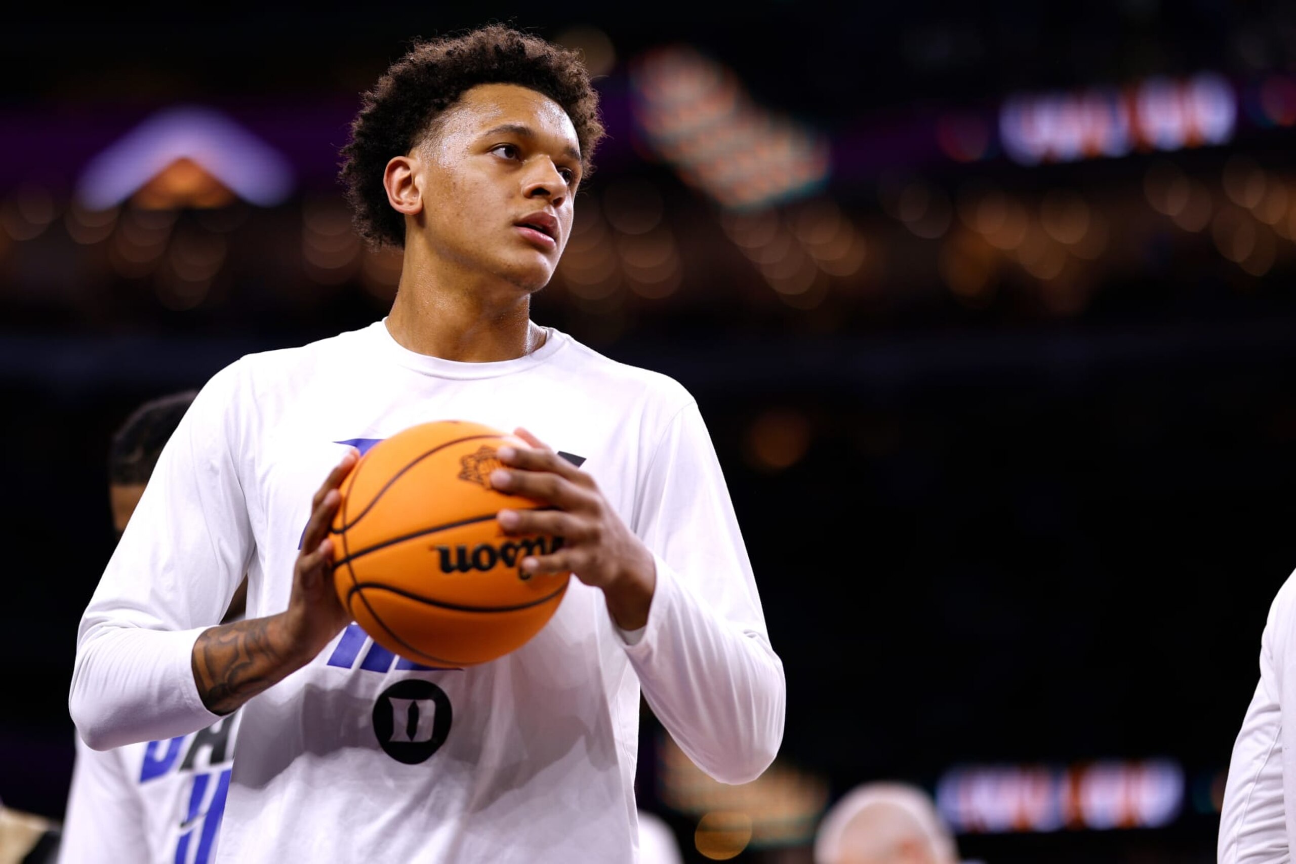 NEW ORLEANS, LA - APRIL 02: Paolo Banchero #5 of the Duke Blue Devils warms up prior to their game against the North Carolina Tar Heels during the 2022 NCAA Men's Basketball Tournament Final Four at Caesars Superdome on April 2, 2022 in New Orleans, Louisiana. (Photo by Lance King/Getty Images)