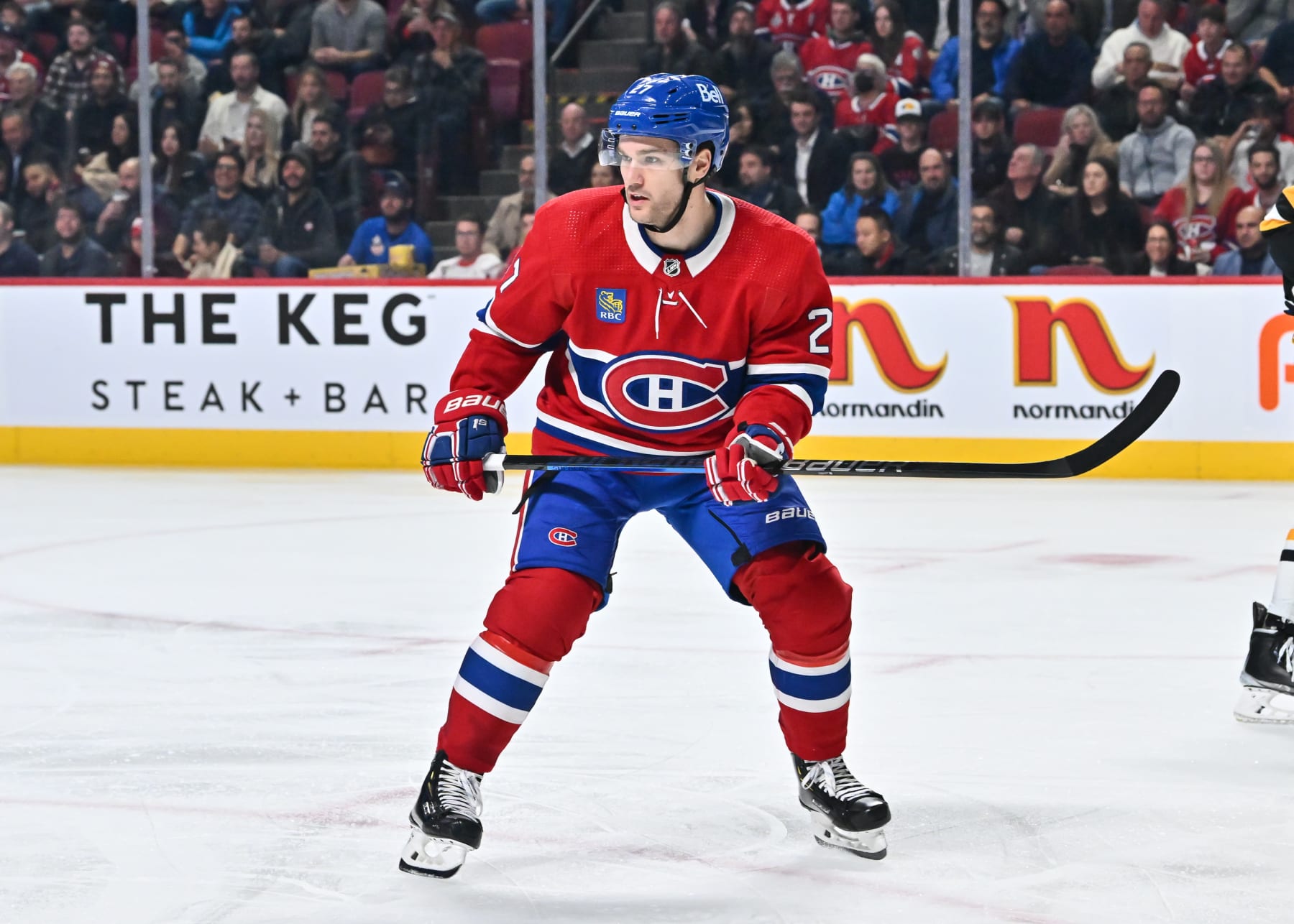 MONTREAL, CANADA - OCTOBER 17:  Jonathan Drouin #27 of the Montreal Canadiens skates against the Pittsburgh Penguins during the second period at Centre Bell on October 17, 2022 in Montreal, Quebec, Canada.  The Montreal Canadiens defeated the Pittsburgh Penguins 3-2 in overtime.  (Photo by Minas Panagiotakis/Getty Images)