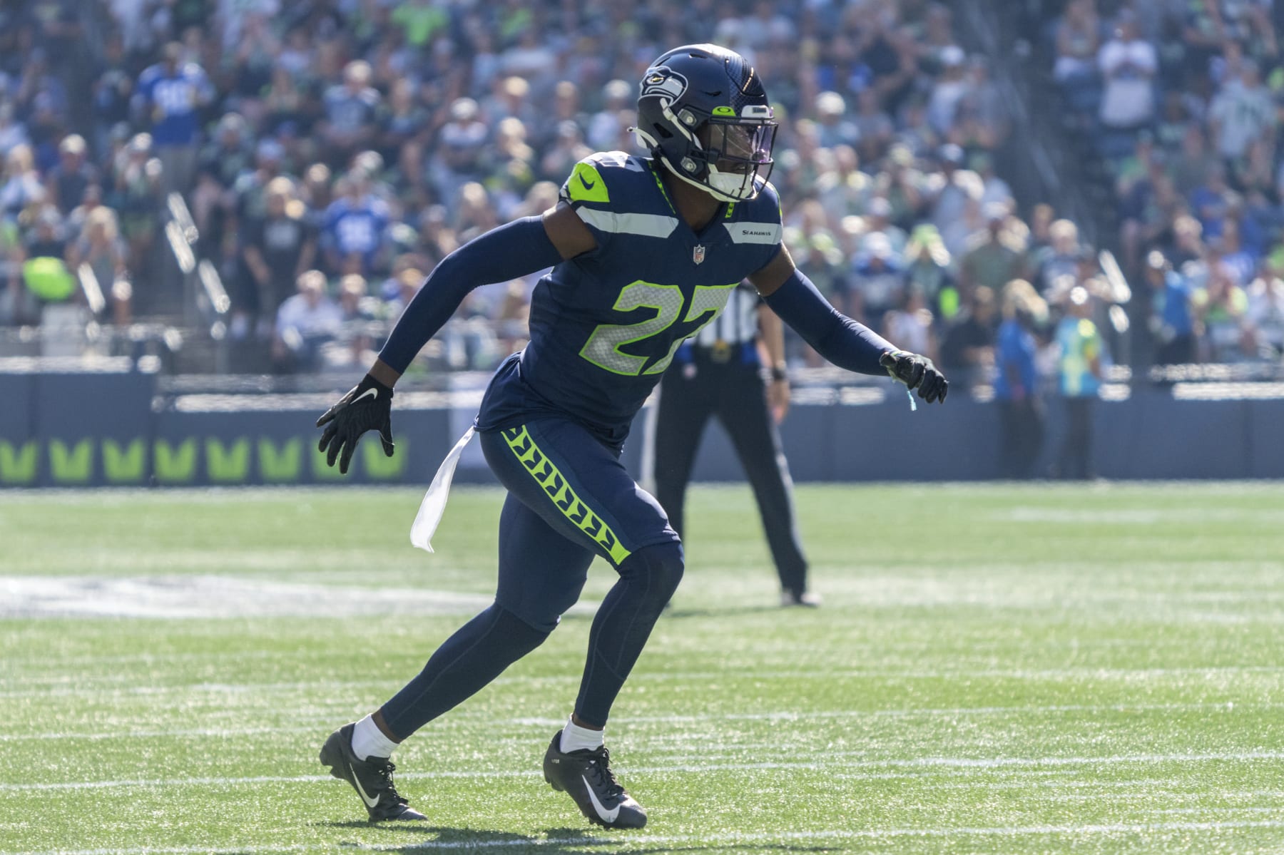 Seattle Seahawks defensive back Tariq Woolen is pictured during an NFL football game against the Atlanta Falcons, Sunday, Sept. 25, 2022, in Seattle. The Falcons won 27-23. (AP Photo/Stephen Brashear)