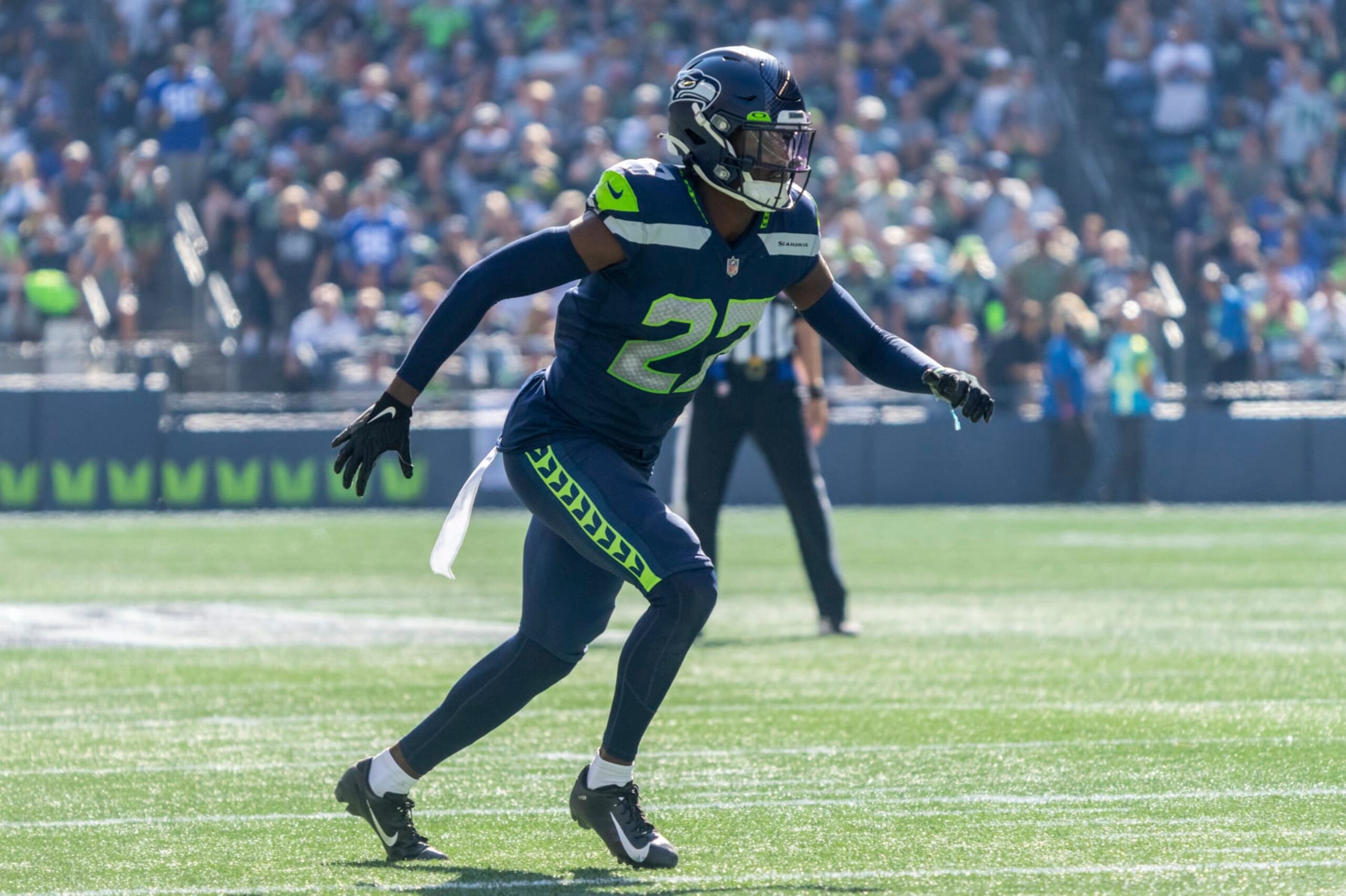 Seattle Seahawks defensive back Tariq Woolen is pictured during an NFL football game against the Atlanta Falcons, Sunday, Sept. 25, 2022, in Seattle. The Falcons won 27-23. (AP Photo/Stephen Brashear)