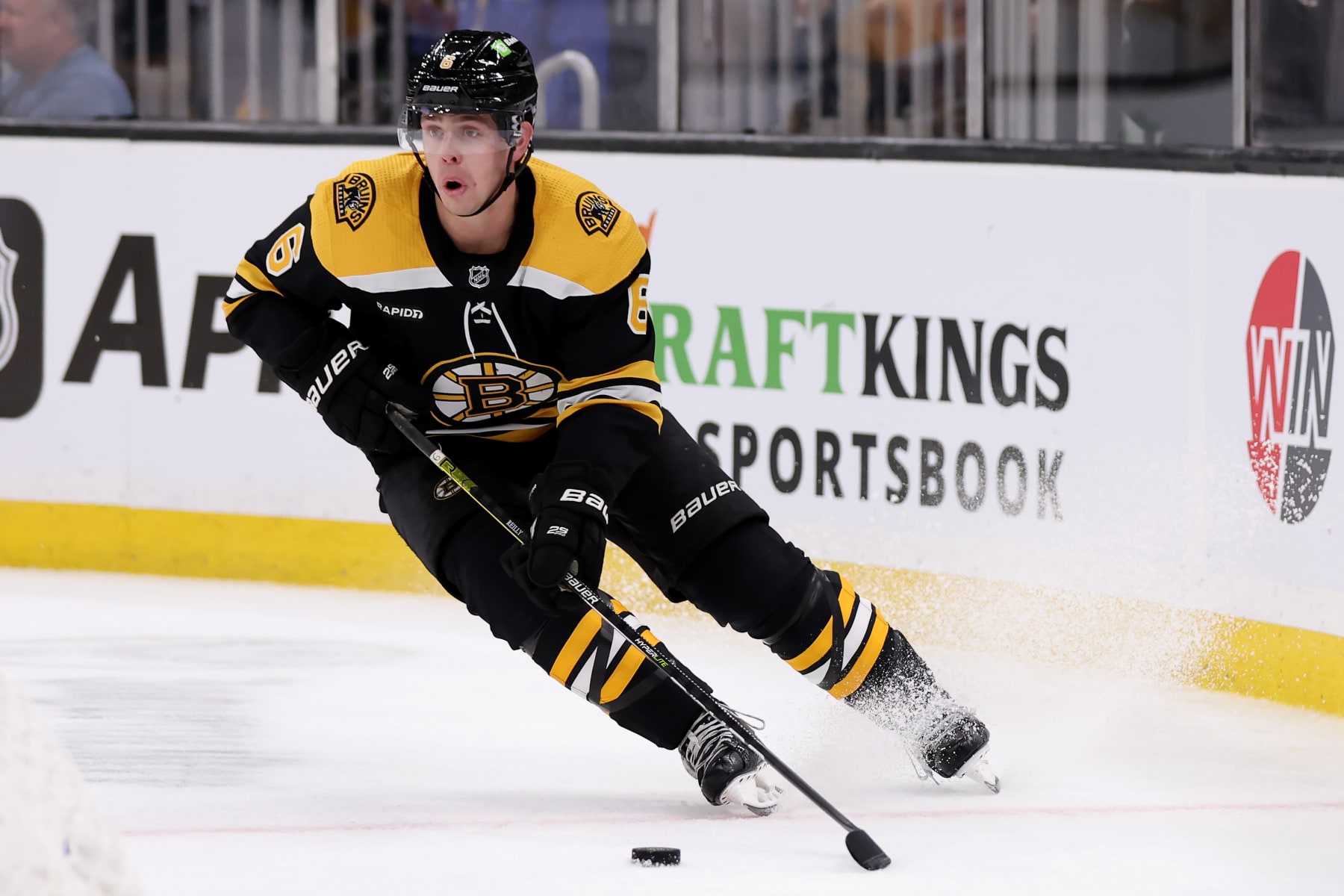 BOSTON, MASSACHUSETTS - OCTOBER 15: Mike Reilly #6 of the Boston Bruins skates against the Arizona Coyotes  during the second period at TD Garden on October 15, 2022 in Boston, Massachusetts. (Photo by Maddie Meyer/Getty Images)