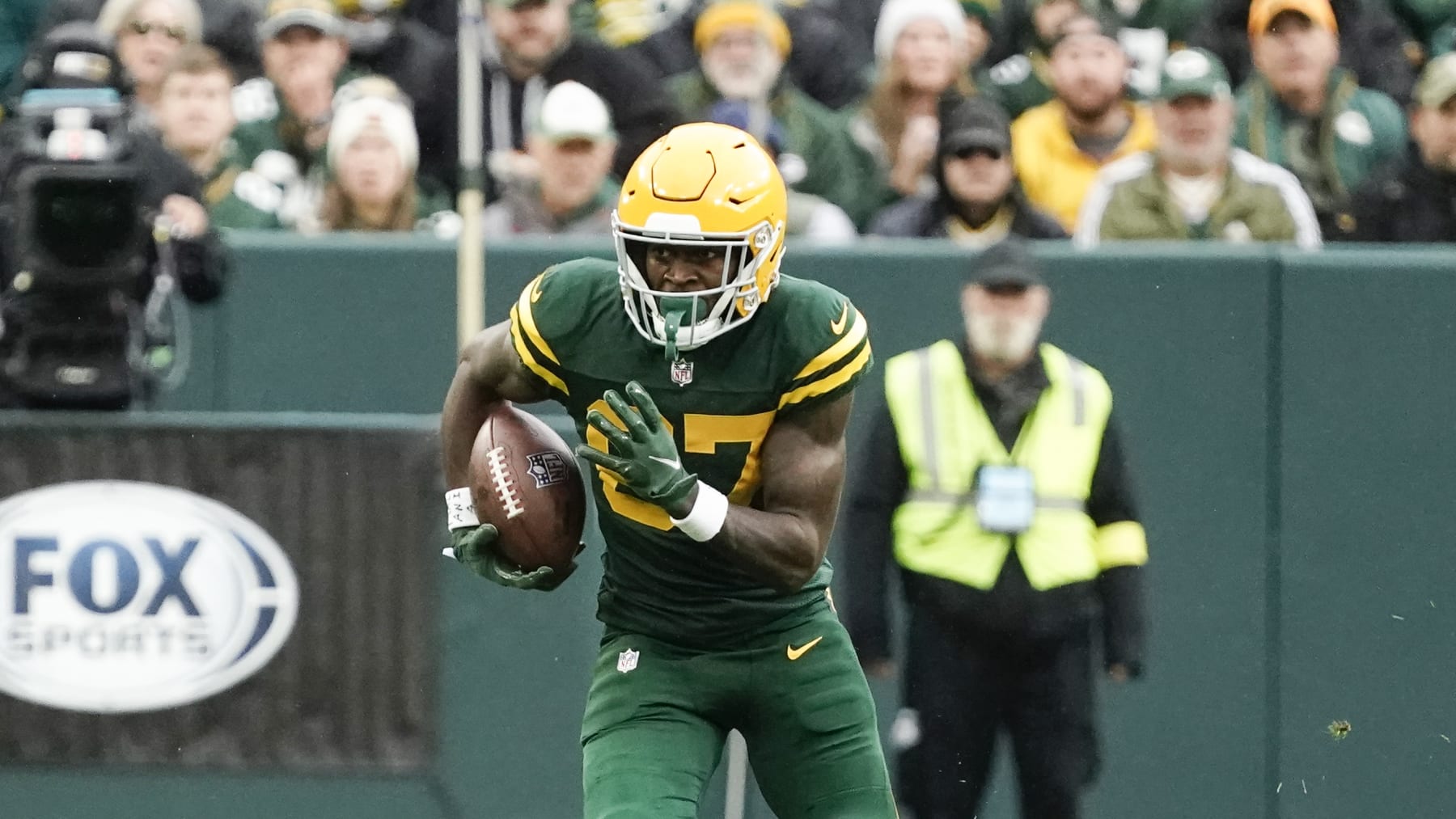 Green Bay Packers' Romeo Doubs runs during the first half of an NFL football game Sunday, Oct. 16, 2022, in Green Bay, Wis. (AP Photo/Morry Gash)