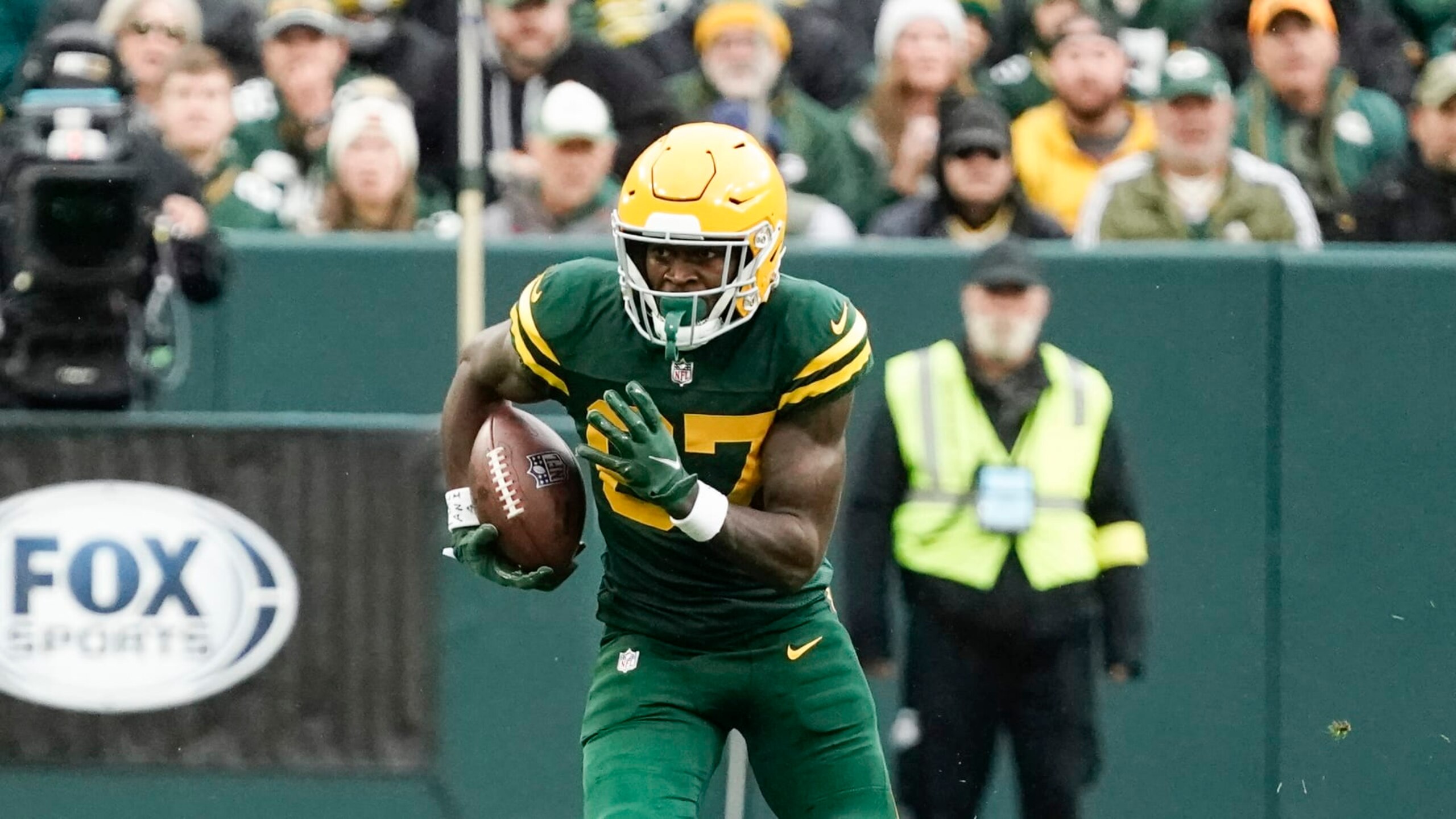Green Bay Packers' Romeo Doubs runs during the first half of an NFL football game Sunday, Oct. 16, 2022, in Green Bay, Wis. (AP Photo/Morry Gash)