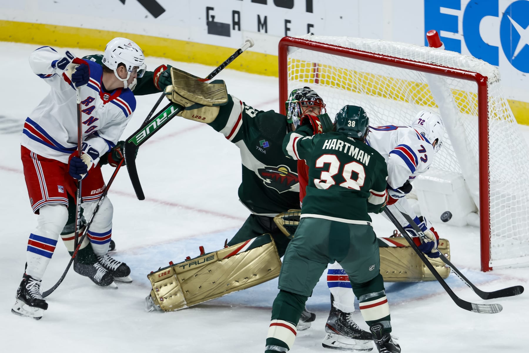ST PAUL, MN - OCTOBER 13: Filip Chytil #72 of the New York Rangers scores a goal against Marc-Andre Fleury #29 of the Minnesota Wild in the second period of the game at Xcel Energy Center on October 13, 2022 in St Paul, Minnesota. (Photo by David Berding/Getty Images)