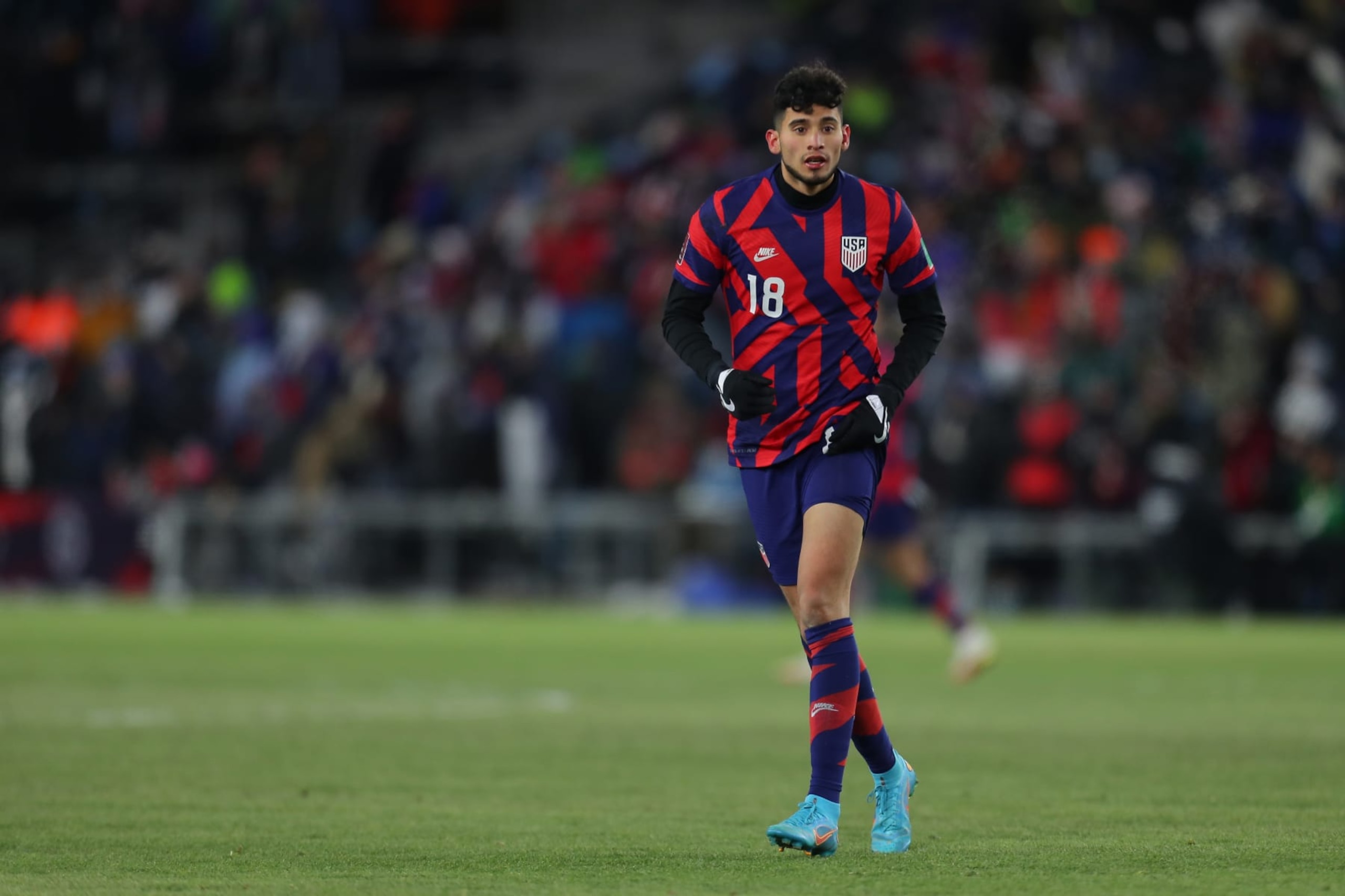 ST PAUL, MN - FEBRUARY 02: Ricardo Pepi #18 of United States looks on during the FIFA World Cup Qatar 2022 qualifiers match between United States and Honduras at Allianz Field on February 2, 2022 in St Paul, Minnesota. (Photo by Omar Vega/Getty Images)