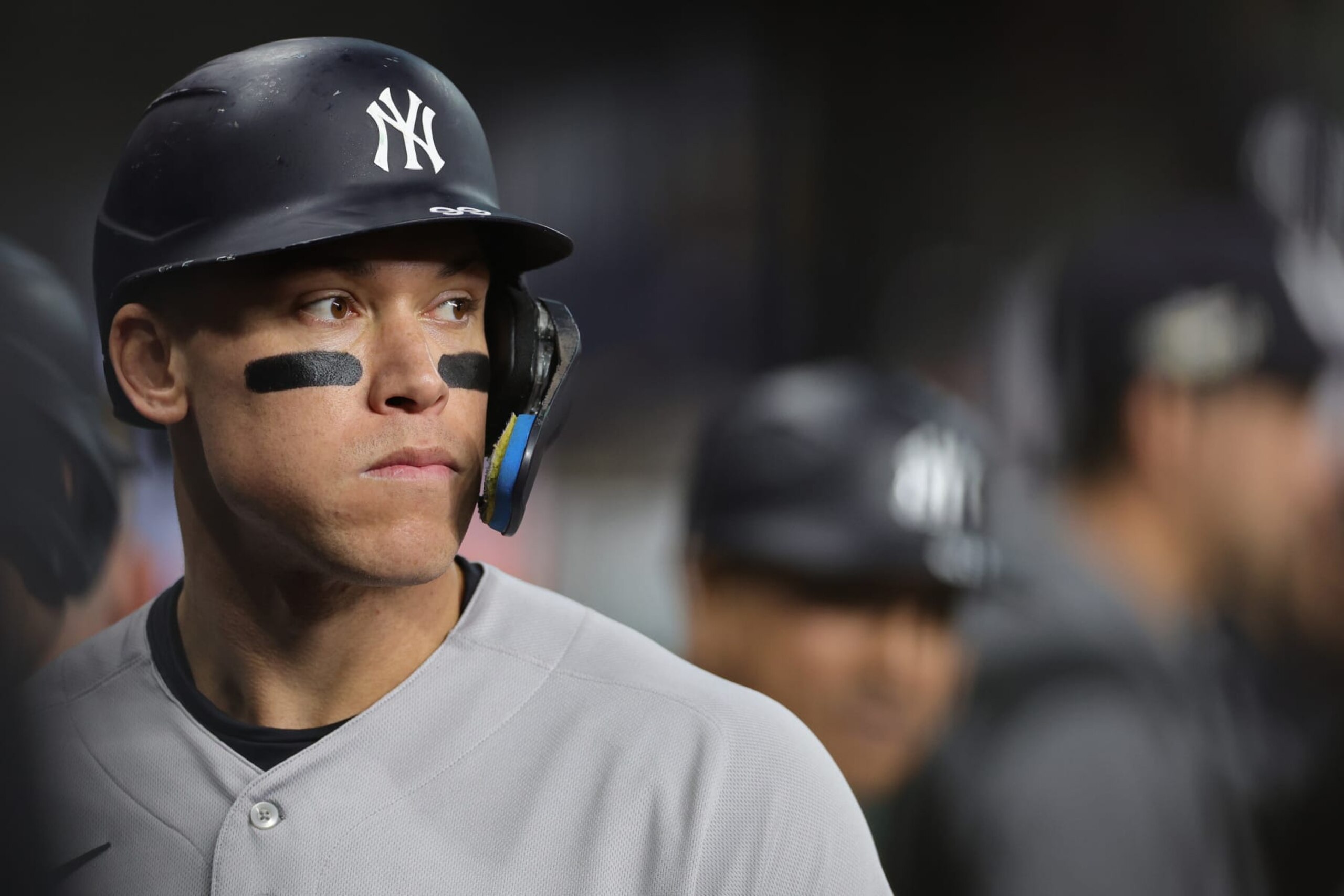 HOUSTON, TEXAS - OCTOBER 19: Aaron Judge #99 of the New York Yankees at bat during the first inning in the game against the Houston Astros in game one of the American League Championship Series at Minute Maid Park on October 19, 2022 in Houston, Texas. (Photo by Carmen Mandato/Getty Images)