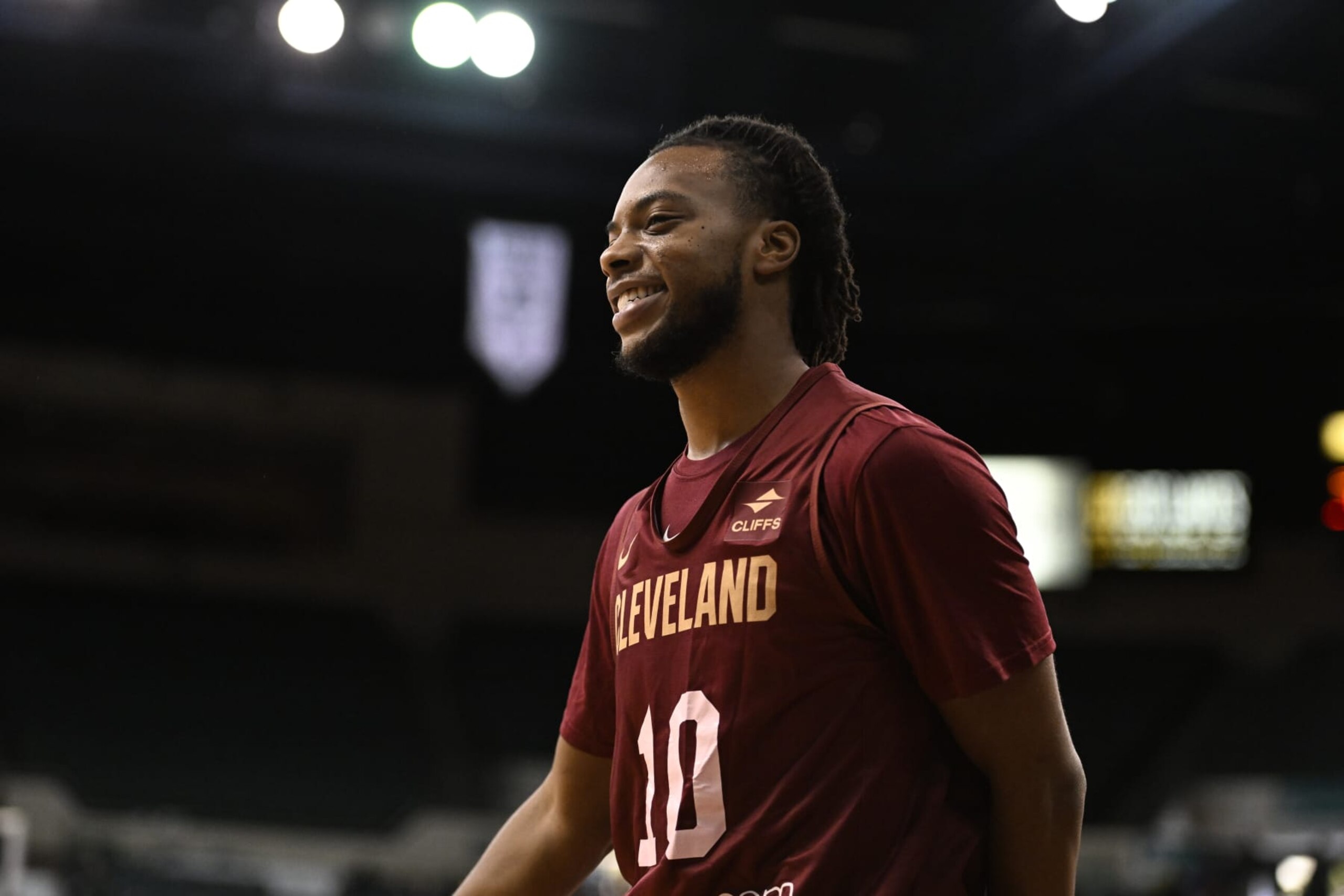 CLEVELAND, OH - OCTOBER 08: Darius Garland #10 of the Cleveland Cavaliers smiles during the Wine and Gold Scrimmage on October 08, 2022 in Cleveland, Ohio at the Wolstein Center. NOTE TO USER: User expressly acknowledges and agrees that, by downloading and or using this Photograph, User is consenting to the terms and conditions of the Getty Images License Agreement. Mandatory Copyright Notice: Copyright 2021 NBAE (Photo by David Liam Kyle/NBAE via Getty Images)