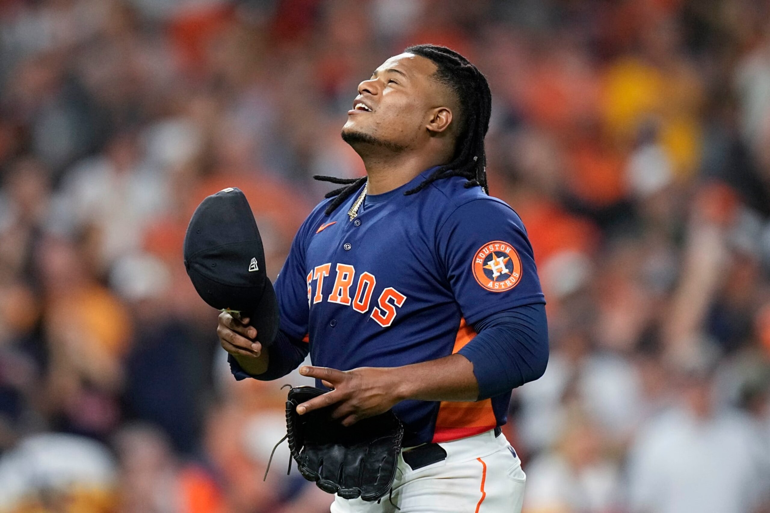 Houston Astros starting pitcher Framber Valdez (59) reacts after stiking New York Yankees Kyle Higashioka during the seventh inning in Game 2 of baseball's American League Championship Series, Thursday, Oct. 20, 2022, in Houston. (AP Photo/Eric Gay)
