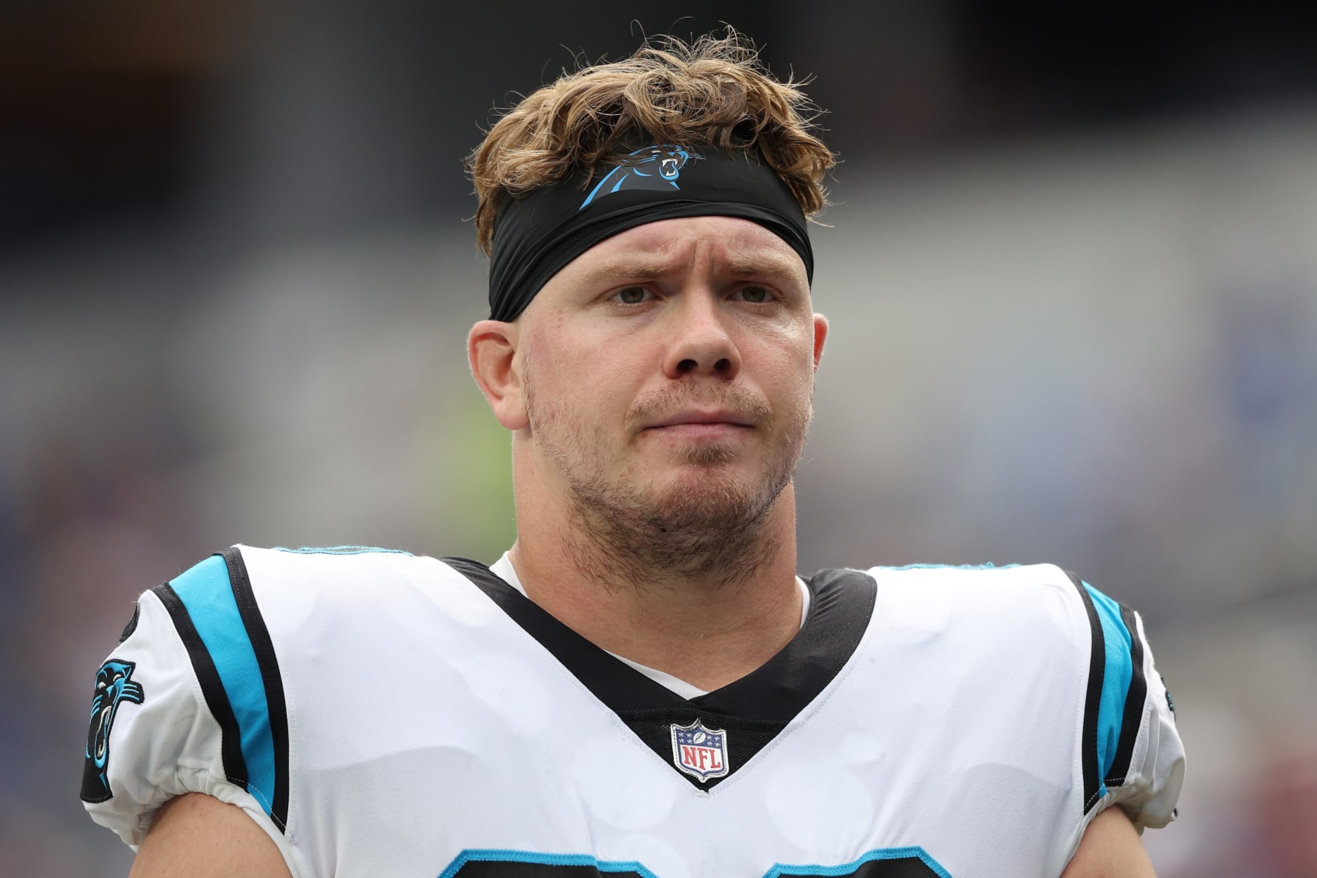 INGLEWOOD, CALIFORNIA - OCTOBER 16: Christian McCaffrey #22 of the Carolina Panthers looks on before a game against the Los Angeles Rams at SoFi Stadium on October 16, 2022 in Inglewood, California. (Photo by Harry How/Getty Images)