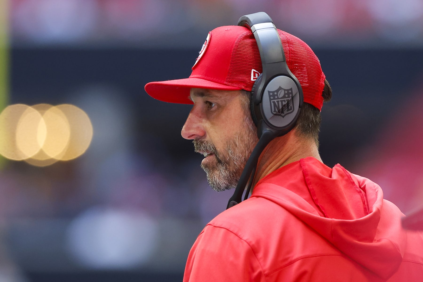 ATLANTA, GA - OCTOBER 16: Head coach Kyle Shanahan of the San Francisco 49ers looks on during the second half against the Atlanta Falcons at Mercedes-Benz Stadium on October 16, 2022 in Atlanta, Georgia. (Photo by Todd Kirkland/Getty Images)